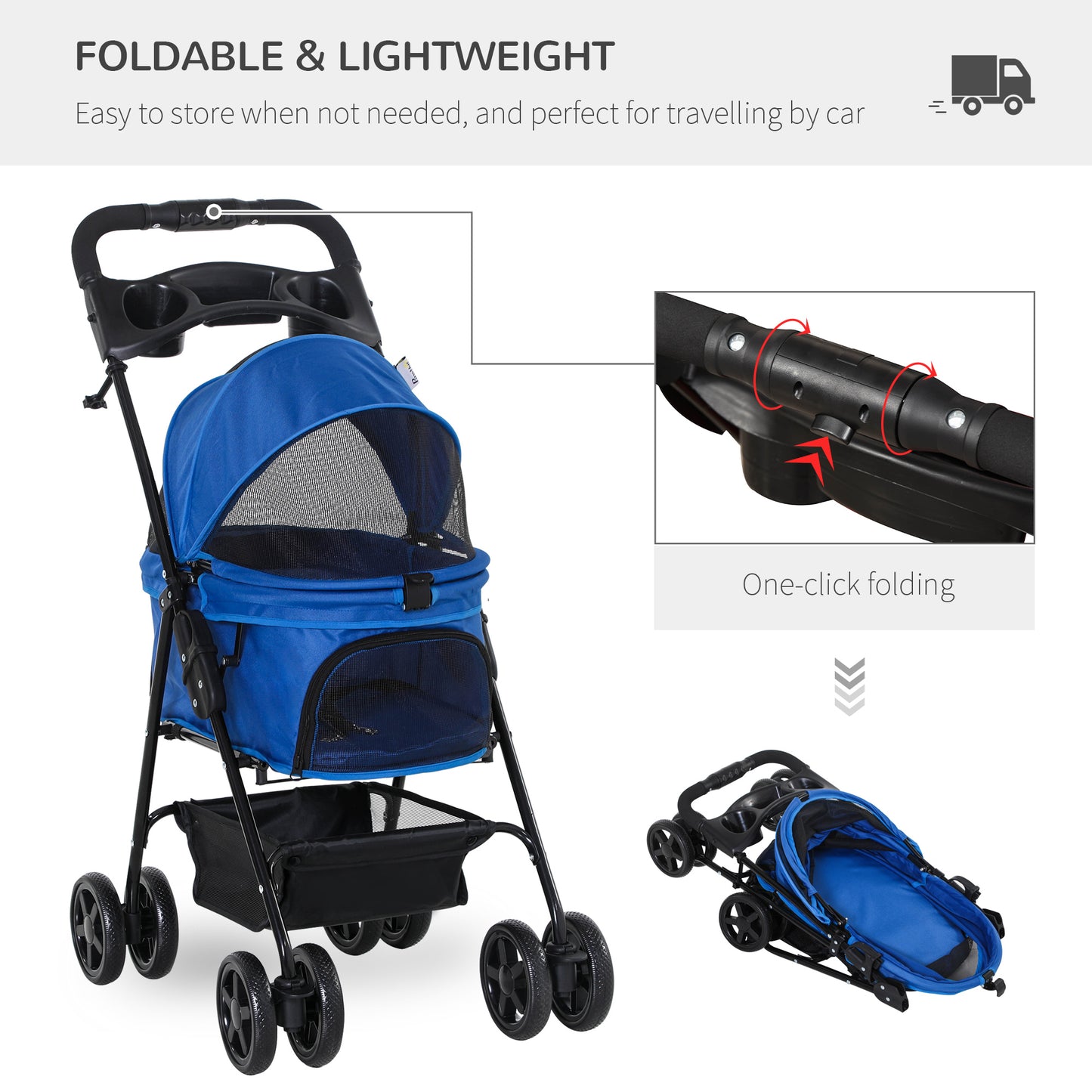 PawHut No-Zip Pet Stroller Dog Cat Travel Pushchair One-Click Fold Trolley Jogger with EVA Wheels Brake Basket Adjustable Canopy Safety Leash Blue Foldable Carriage