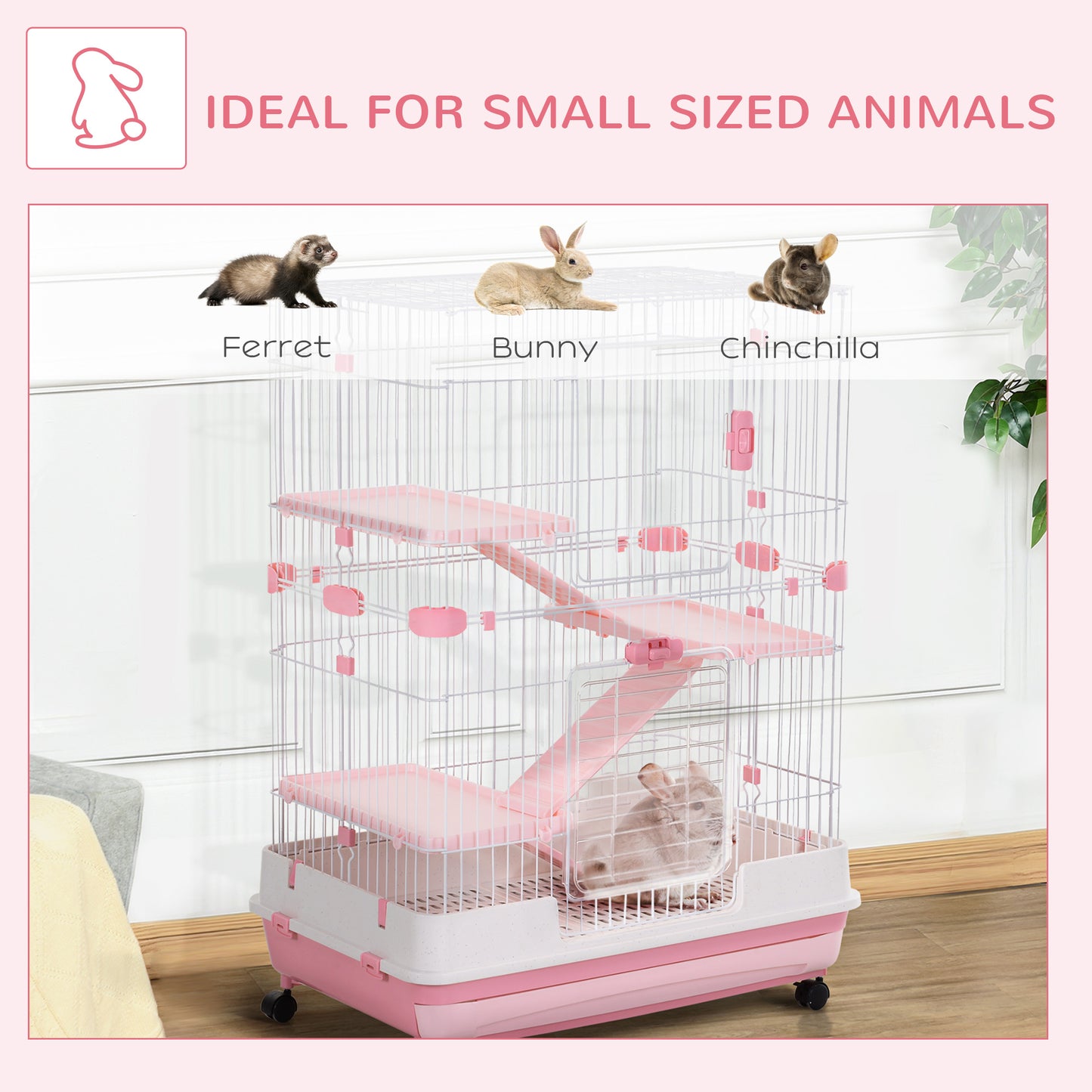 PawHut Four-Tier Small Animal Cage, for Bunnies, Ferrets, Chinchillas w/ Wheels, Tray, Pink