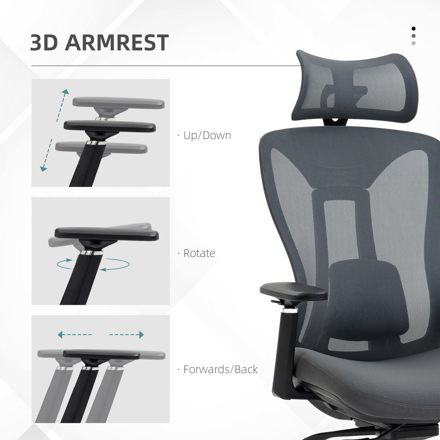 Vinsetto Mesh Office Chair Ergonomic Desk Chair Computer Chair with Adjustable Headrest and Lumbar Support 135° Reclining Back and 3D Armrest for Home Office Study Grey