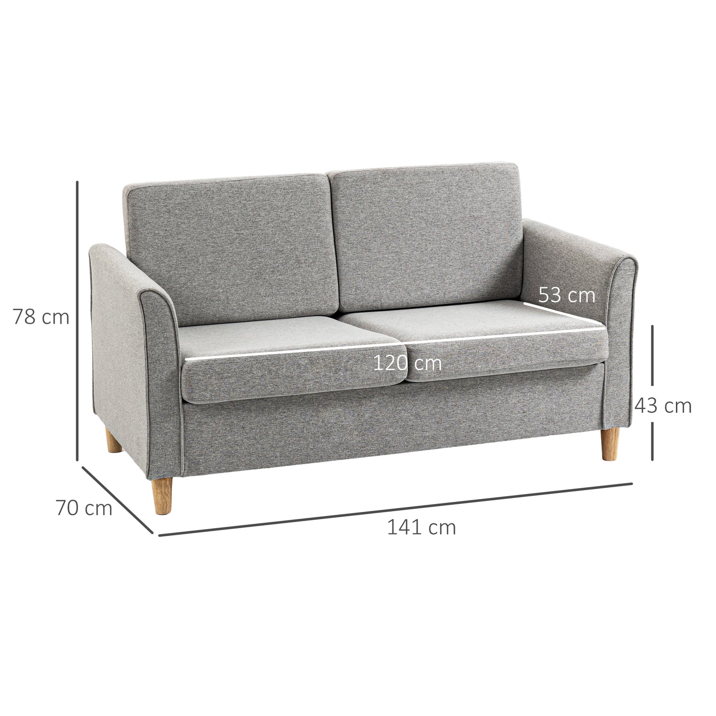 HOMCOM Compact Loveseat Sofa Modern 2 Seater Sofa for Living Room with Wood Legs and Armrests Light Grey