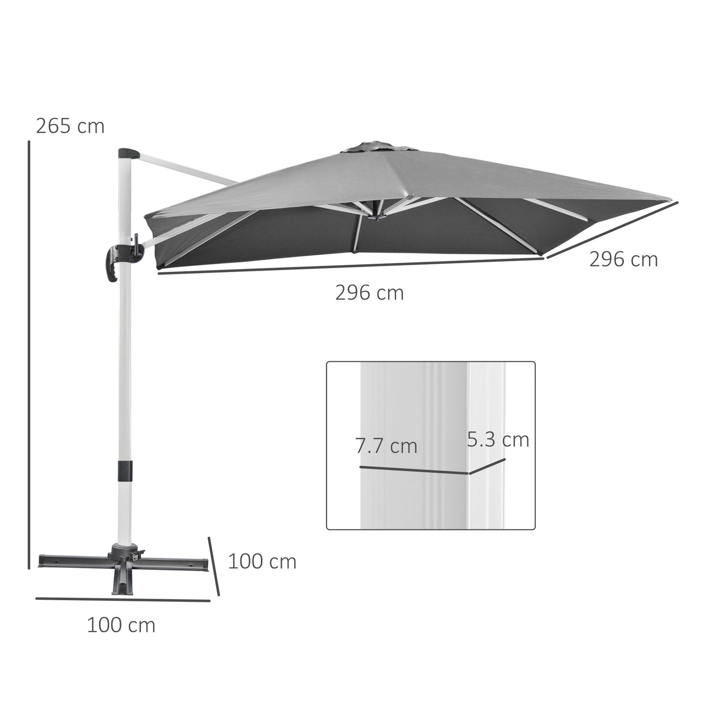 Outsunny 3m Square Cantilever Roma Parasol, with Cross Base - Grey