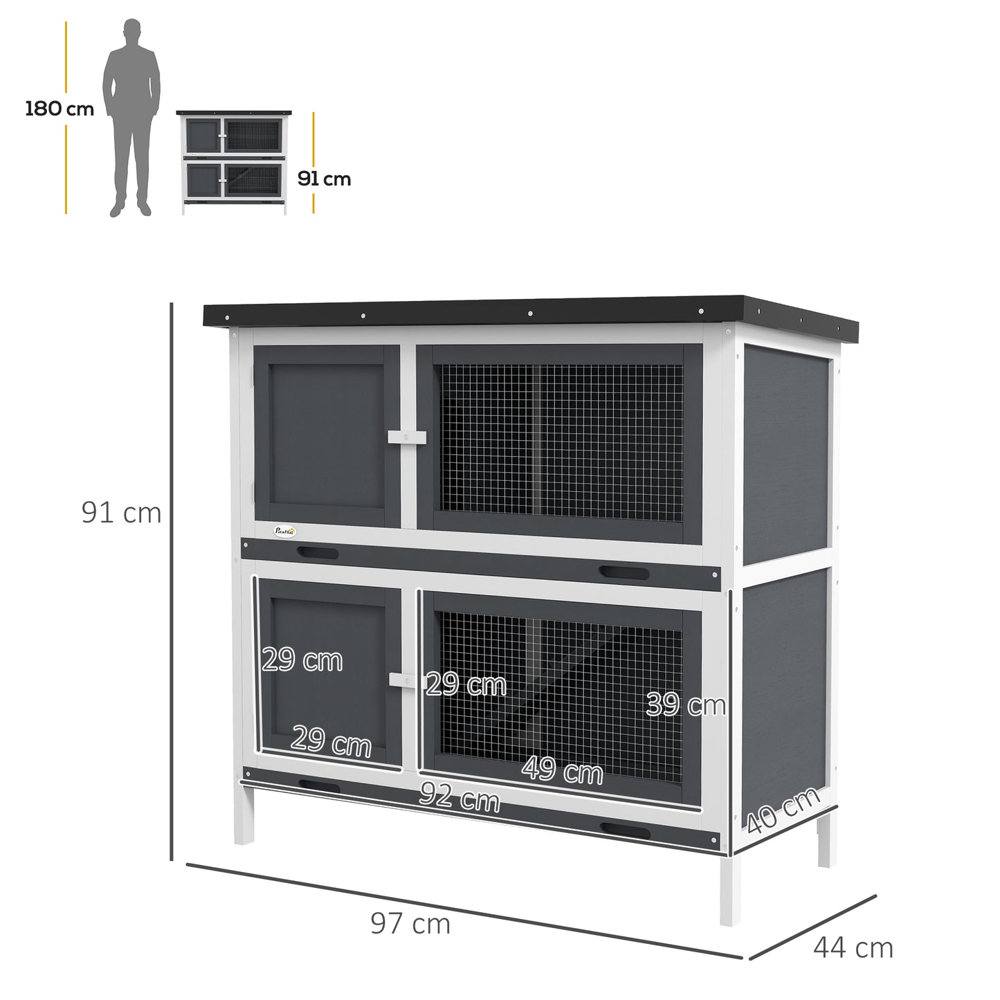 PawHut Double Decker Rabbit Hutch 2 Tier Guinea Pig House Pet Cage Outdoor with Slidingout Tray 100 x 47 x 91cm Grey