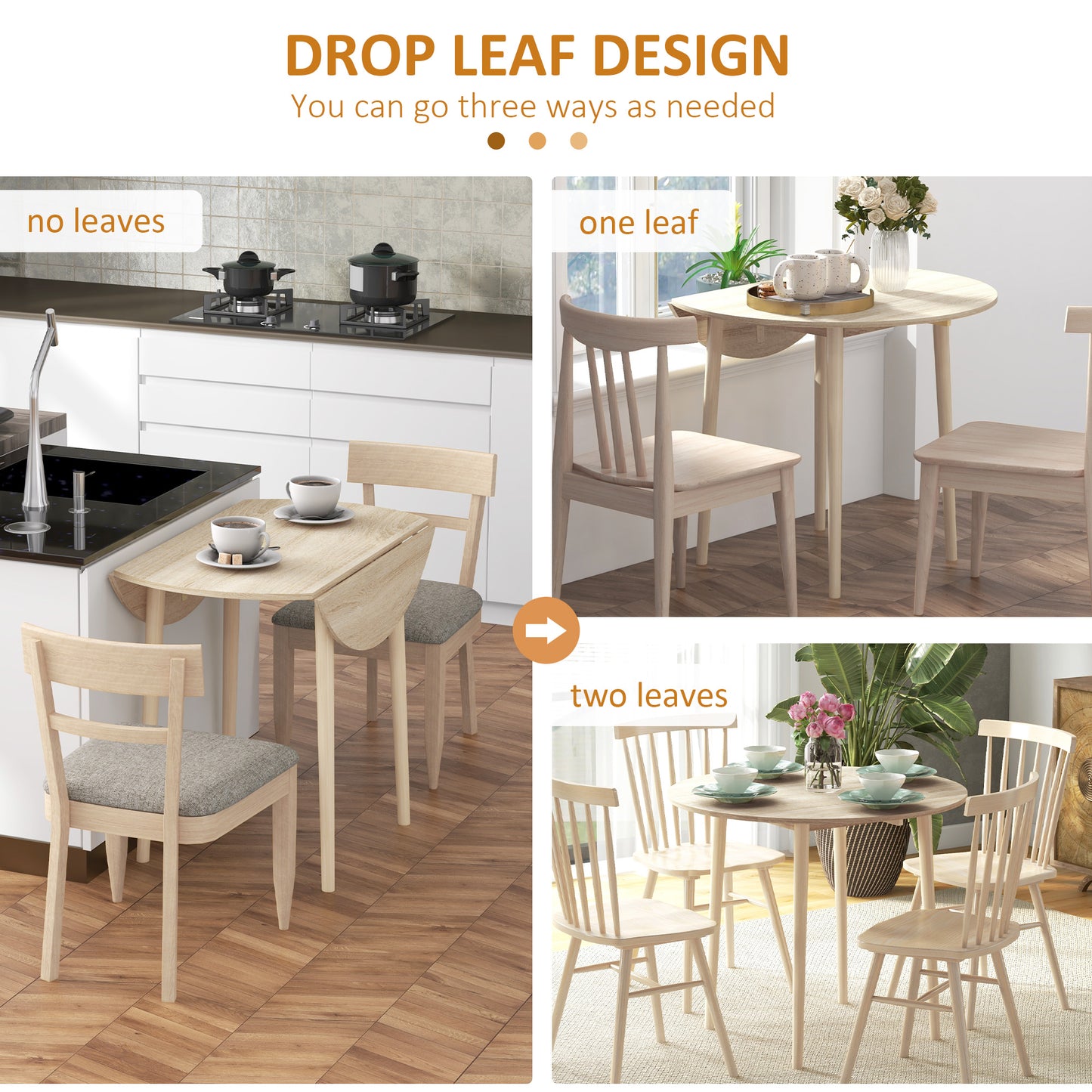 HOMCOM Folding Dining Table, Round Drop Leaf Table, Space Saving Small Kitchen Table with Wood Legs for Dining Room, Natural