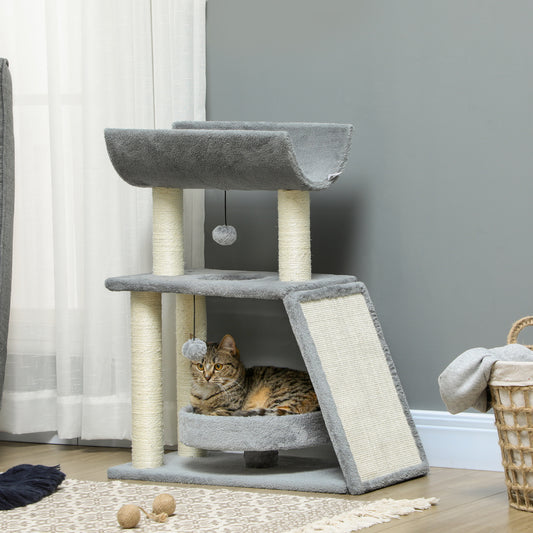 PawHut Cat Tree, with Scratching Posts, Pad, Bed, Perch and Ball - Light Grey