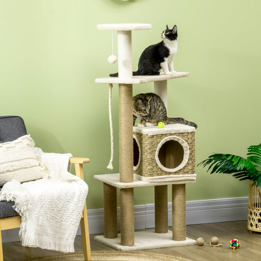 PawHut Cat Tree, Climbing Kitten Cat Tower Activity Center for Indoor Cats with Jute Scratching Post, Beige