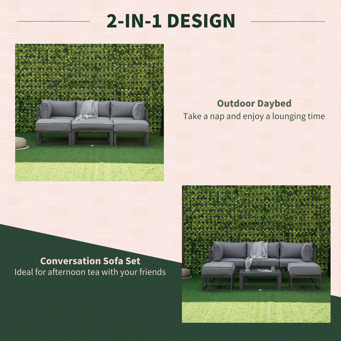 Outsunny Garden Daybed, 6 Piece Outdoor Sectional Sofa Set, Aluminum Patio Conversation Furniture Set with Coffee Table, Footstool and Cushions, Grey PC Daybed w/ Table
