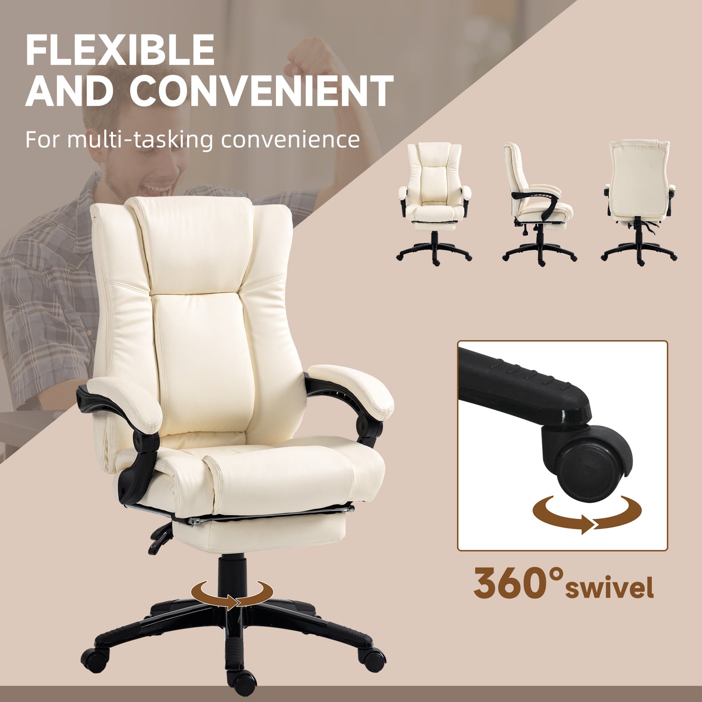 Vinsetto PU Leather Office Chair Swivel Computer Chair with Footrest Wheels Adjustable Height Cream White