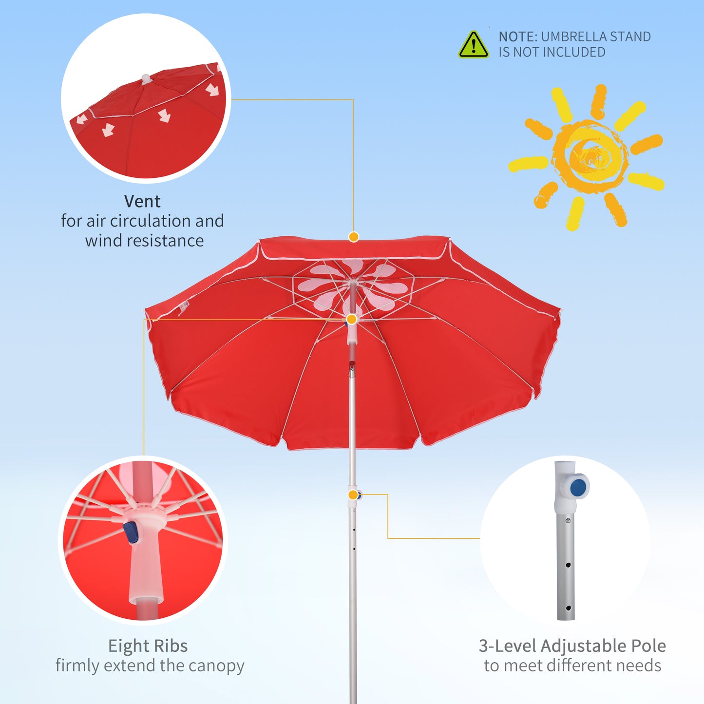 Outsunny Arc. 1.9m Beach Umbrella w/ Adjustable Angle Pointed Design Carry Bag Red