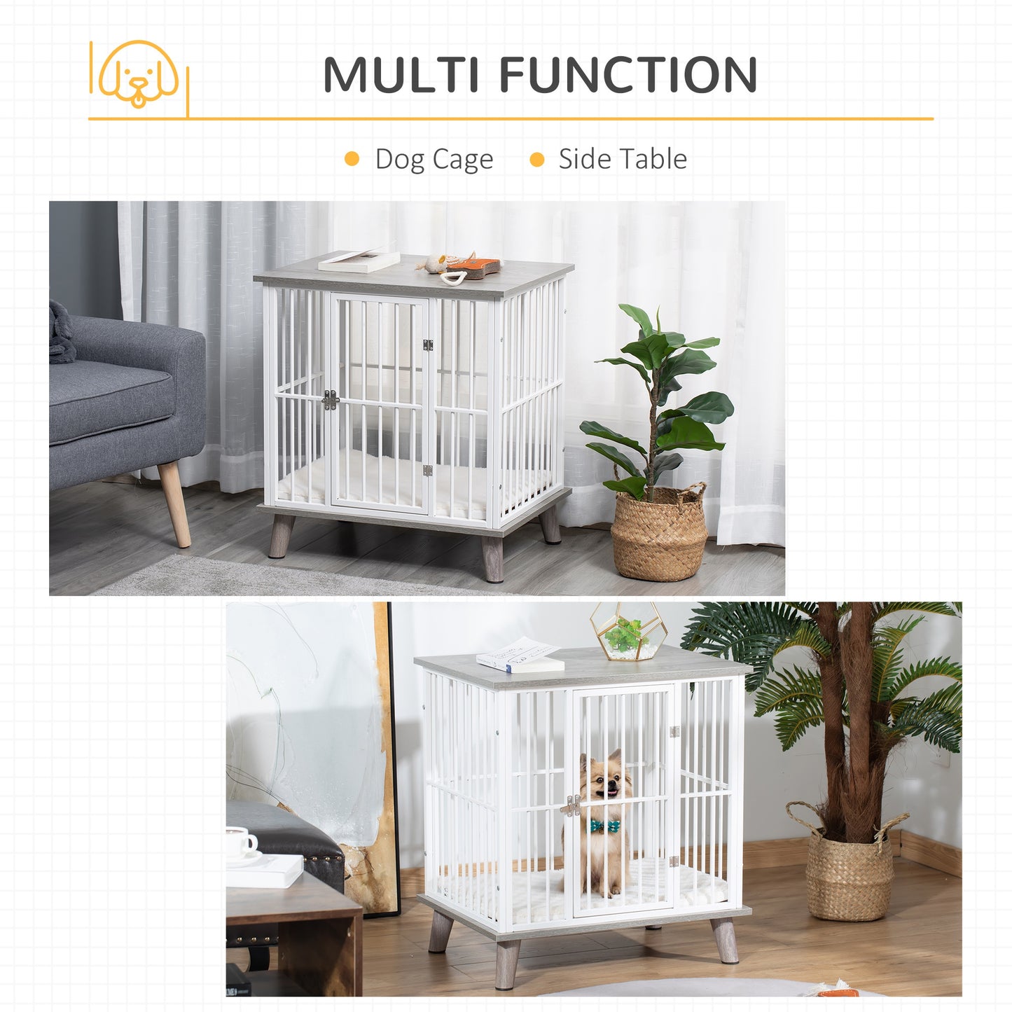 PawHut Dog Crate, Furniture Style Pet Cage Kennel, End Table, Decorative Dog House, with Soft Cushion, Wooden Top, Door, for Small Dogs, Indoor Use, Grey House,w/