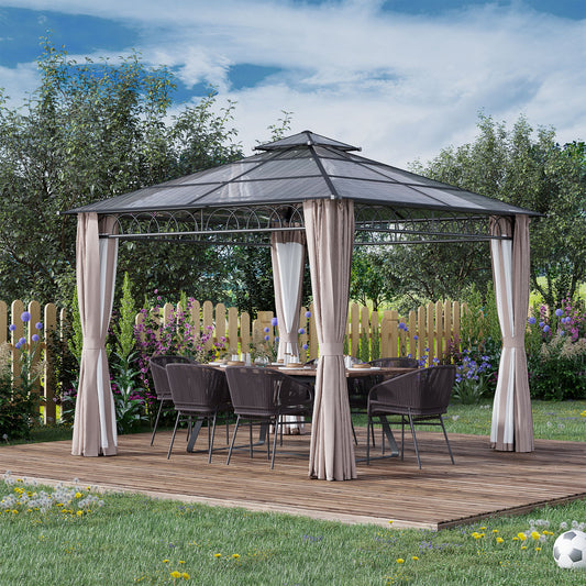 Outsunny 3 x 3 (m) Outdoor Polycarbonate Gazebo, Double Roof Hard Top Gazebo with Galvanised Steel Frame, Nettings & Curtains for Garden, Lawn, Garden and Deck