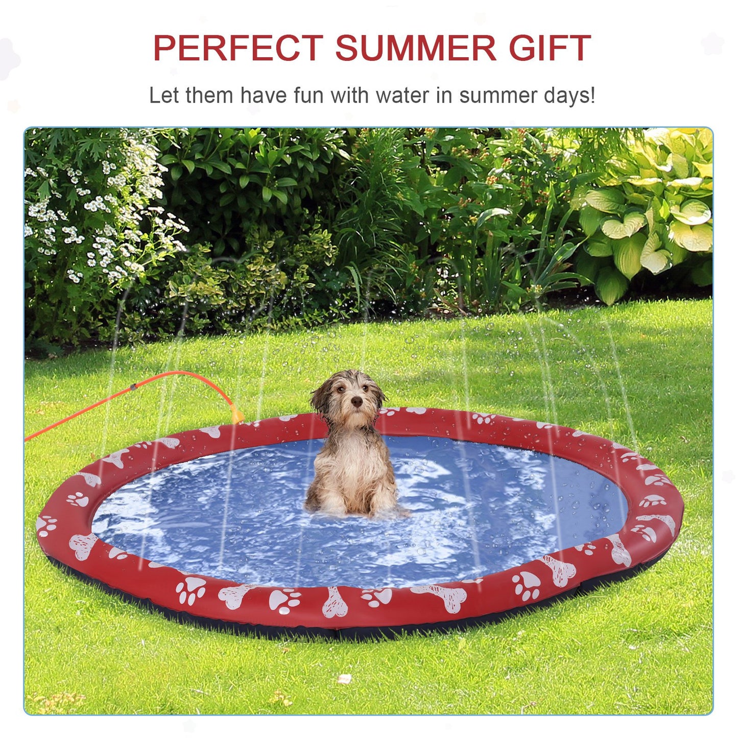 PawHut 150cm Splash Pad Sprinkler for Pets Dog Bath Pool Water Outdoor Red