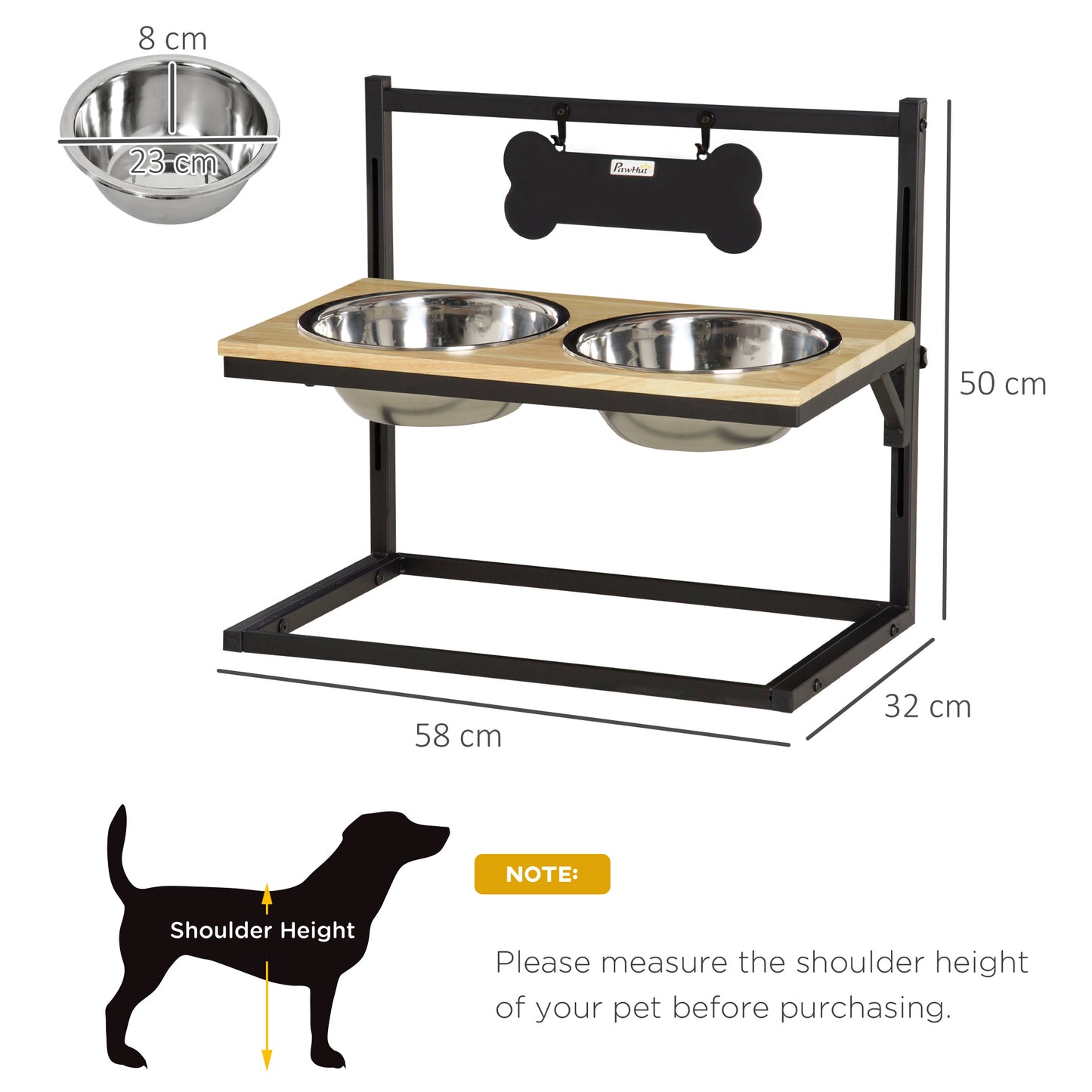 PawHut Dog Bowls Adjustable Raised Pet Feeder with 2 Removable Stainless Steel Bowls for Small Medium Large Dogs, Natural