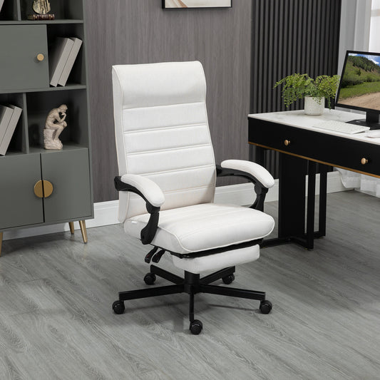 Vinsetto High-Back Home Office Chair, Linen Swivel Reclining Chair with Adjustable Height, Cream White