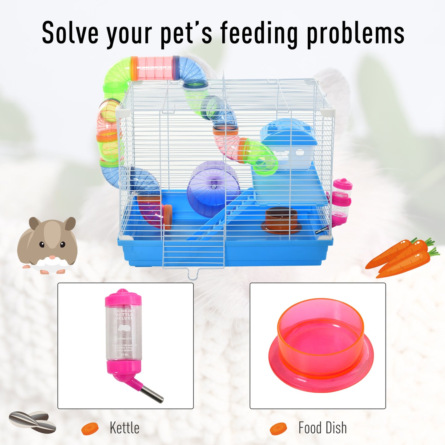 Pawhut 2 Tier Hamster Cage Carrier Habitat Small Animal House with Exercise Wheels Tunnel Tube Water Bottle Dishes House Ladder for Dwarf Mice, Blue w/