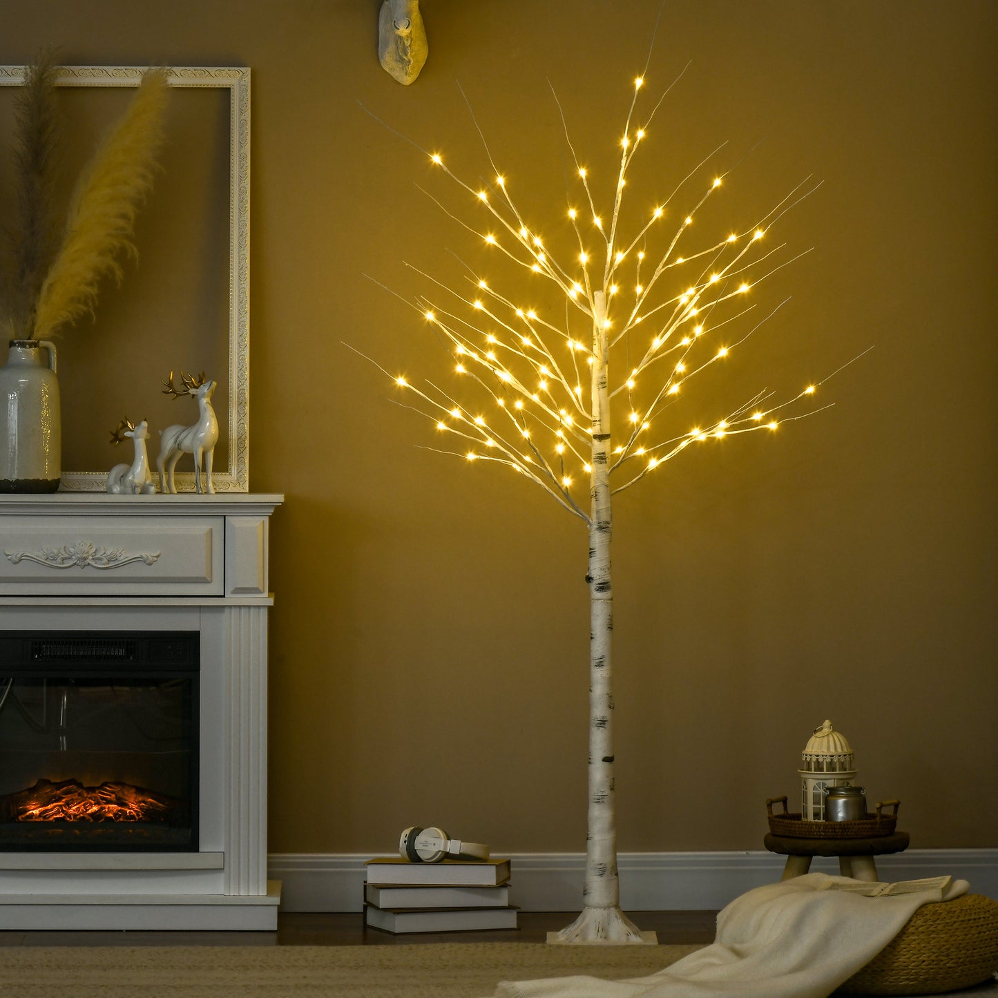 HOMCOM 6ft Artificial White Birch Tree Light with 96 Warm White Pre-Lit LED Light