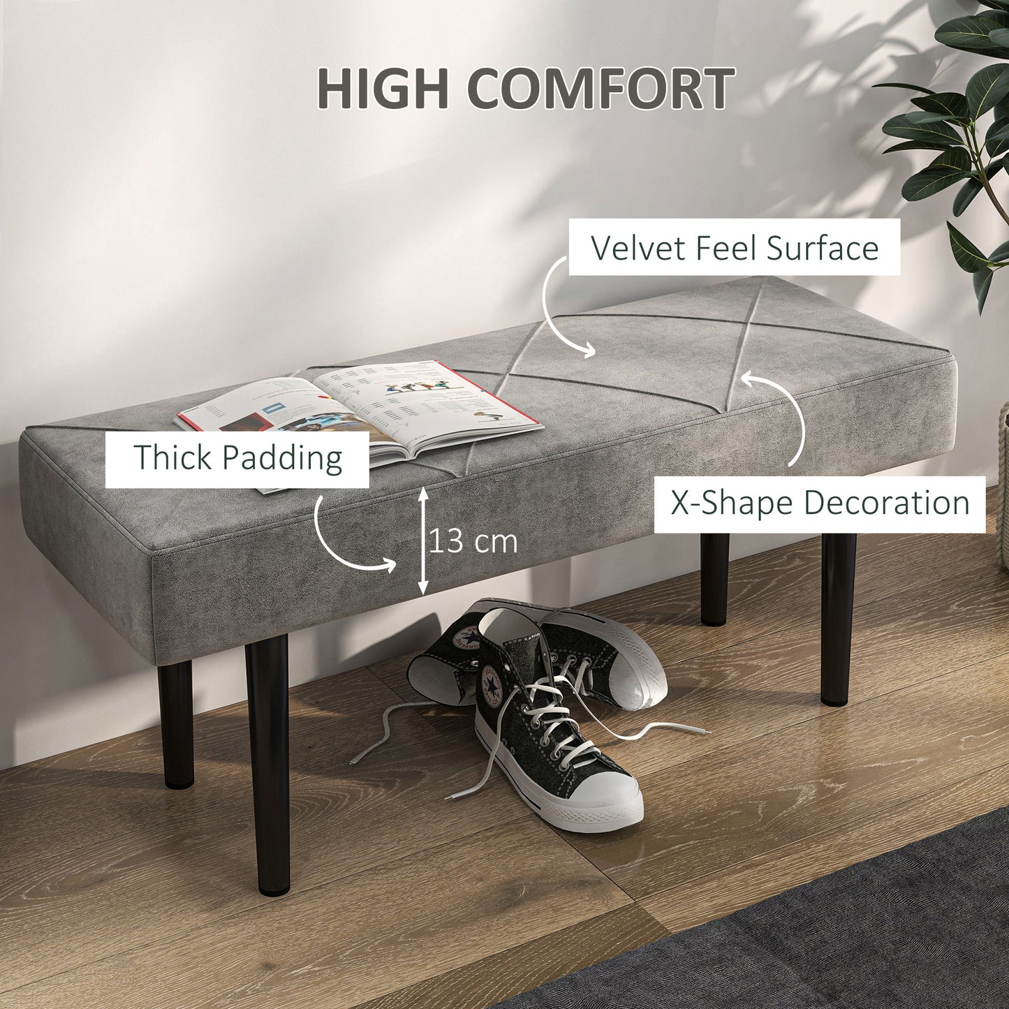 HOMCOM End of Bed Bench with X-Shape Design and Steel Legs, Upholstered Hallway Bench for Bedroom, Grey