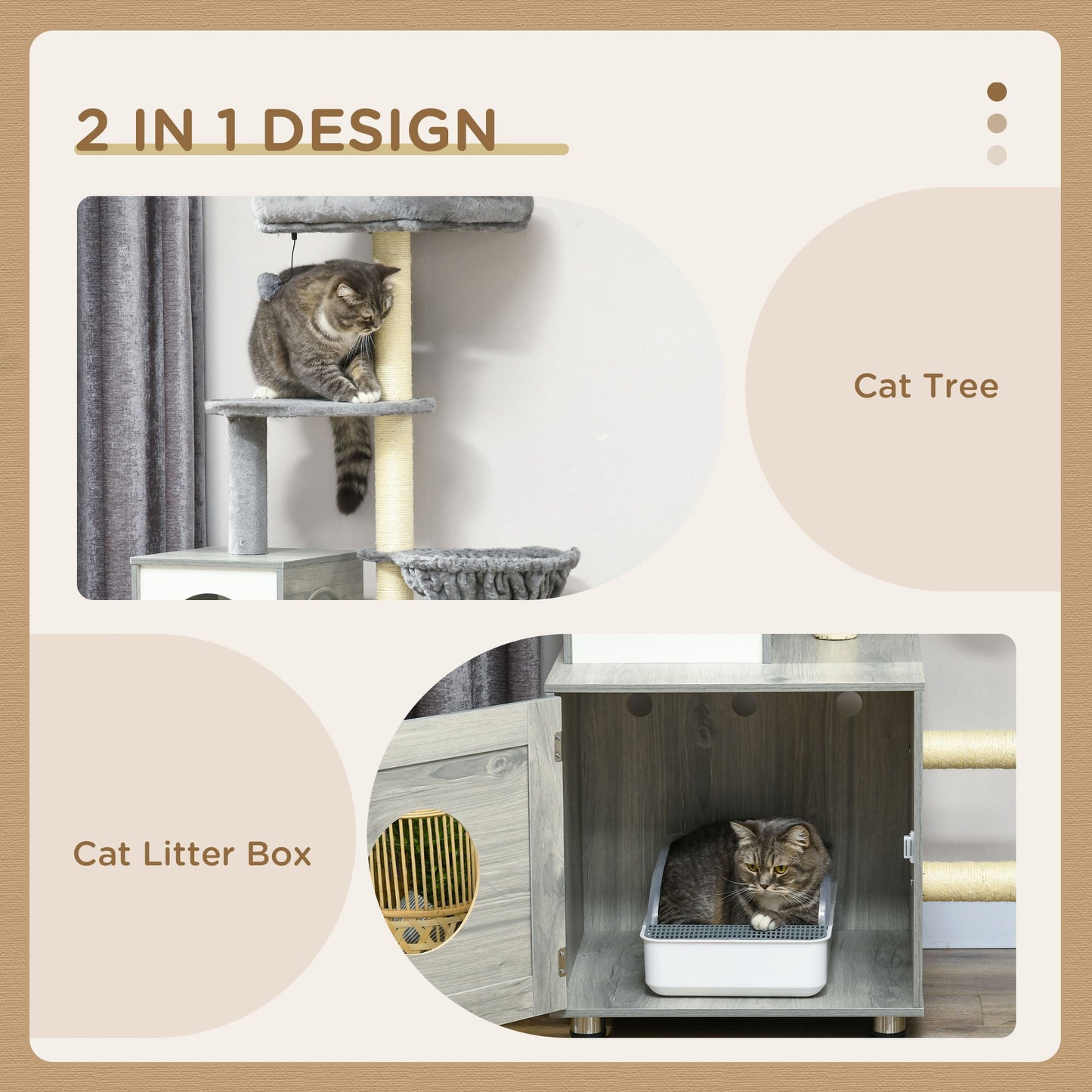 PawHut Enclosed Cat Litter Box with Cat House Cat Bed Scratching Posts Platforms for Indoor Cats Grey