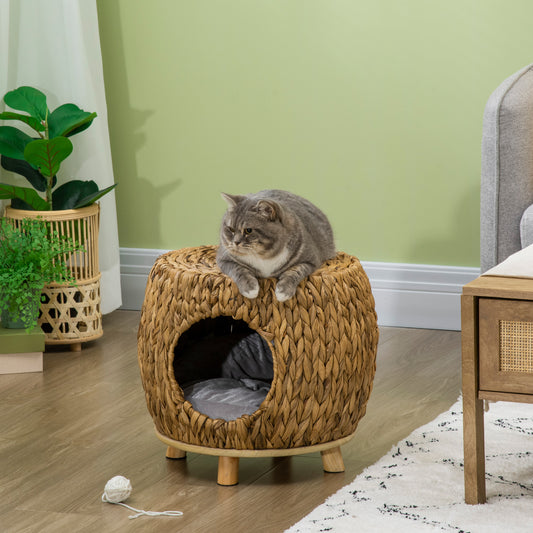PawHut Wicker Cat House Stool for Rest, Rattan Kitten Bed for Outdoor & Indoor Use, Elevated Pet Bed with Soft Washable Cushion 44 x 43 x 41 cm