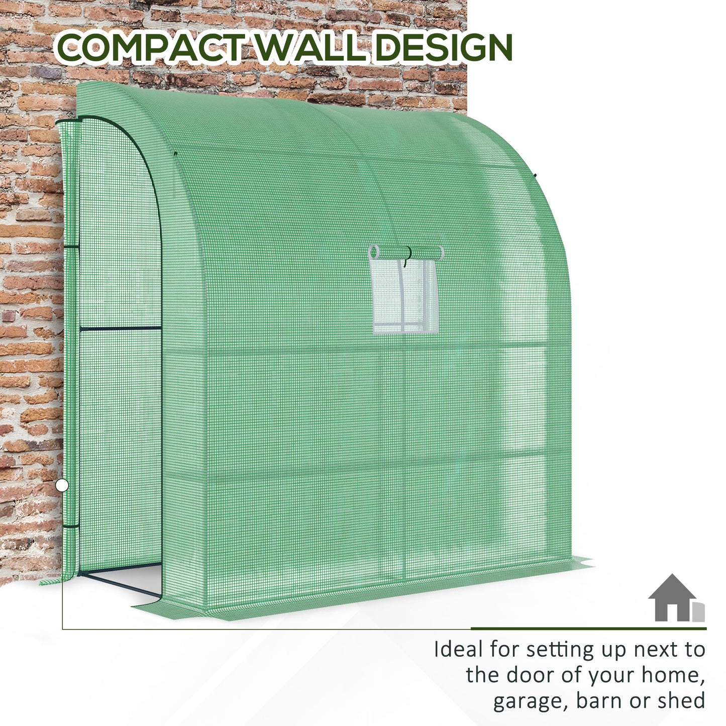 Outsunny Walk-In Lean to Wall Greenhouse with Windows and Doors 2 Tiers 4 Wired Shelves 200L x 100W x 213Hcm Green