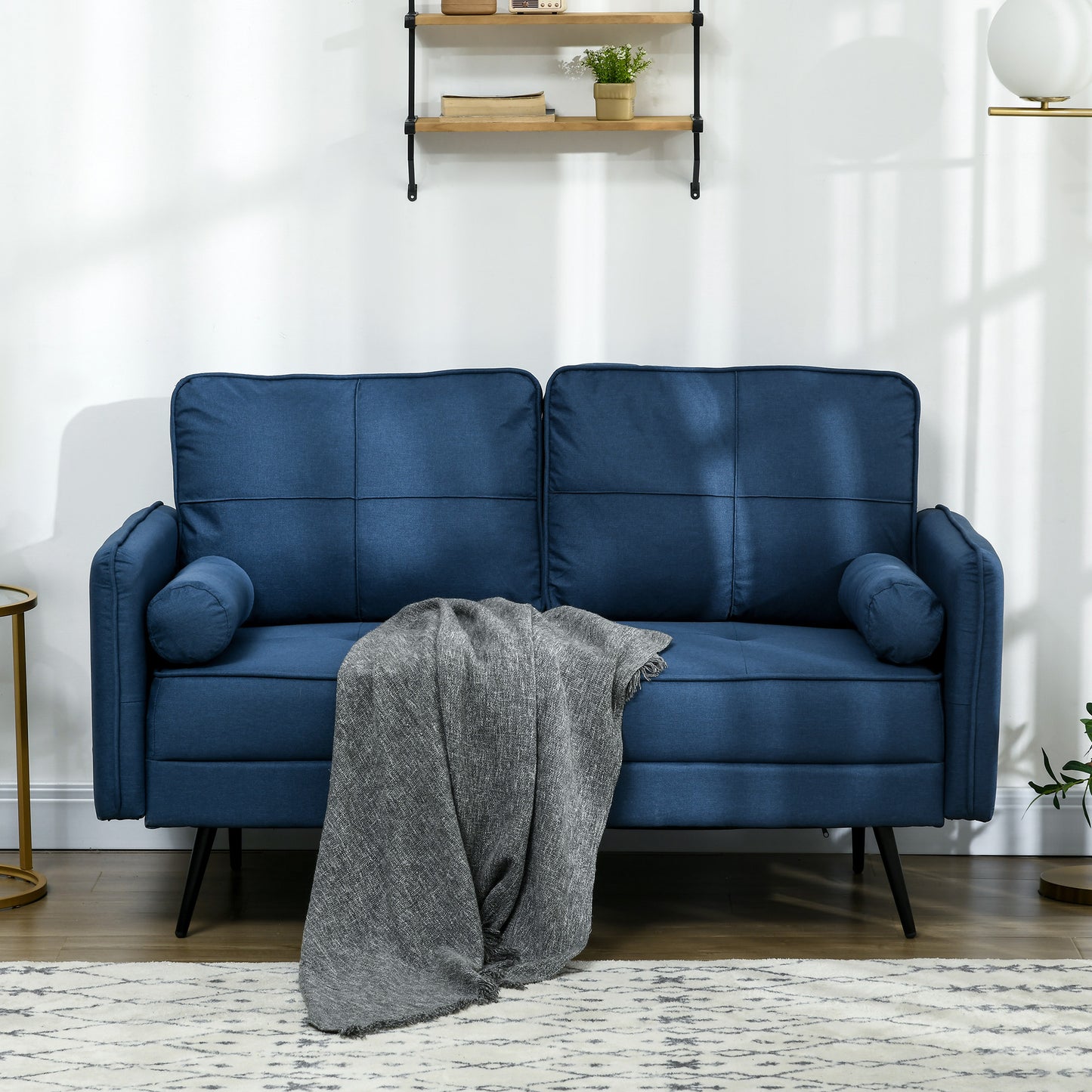 HOMCOM 143cm Loveseat Sofa for Bedroom Upholstered 2 Seater Sofa with Back Cushions and Pillows Blue