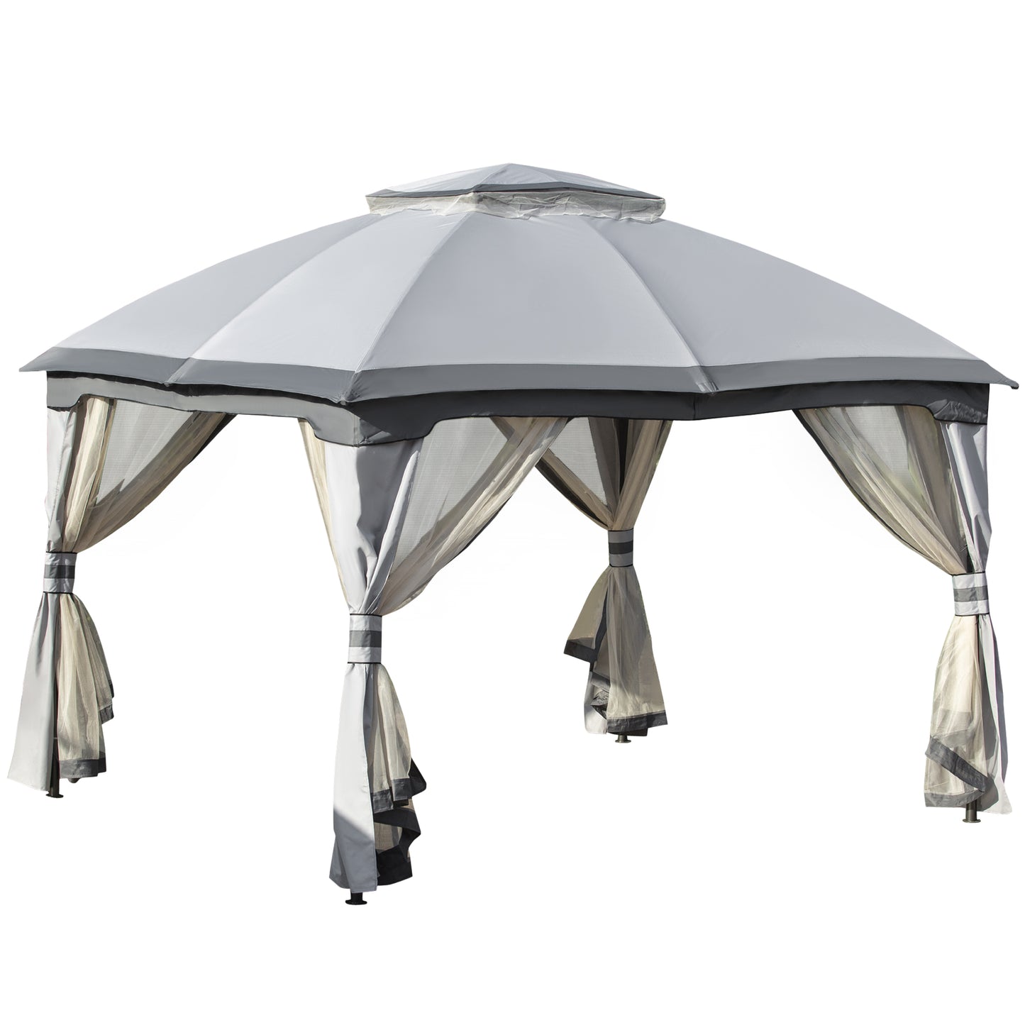 Outsunny 3.7 x 3(m) Metal Gazebo Canopy Party Tent Garden Patio Shelter with Netting Sidewalls & Double Tiered Roof, Grey