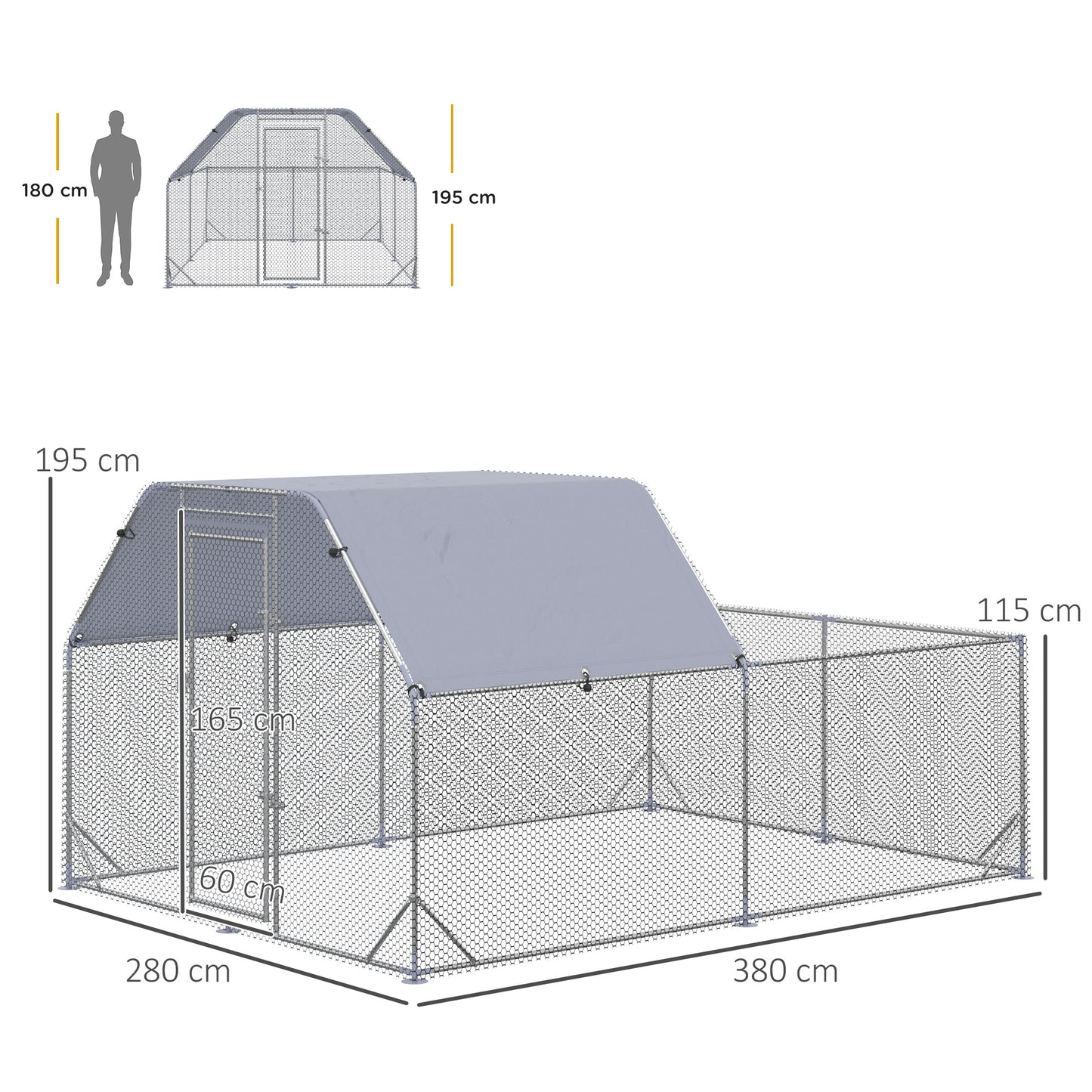PawHut Chicken Run with Roof, Walk In Chicken Coop Outdoor for 10-12 Chickens, Hen House Duck Pen, 280 x 380 x 195 cm