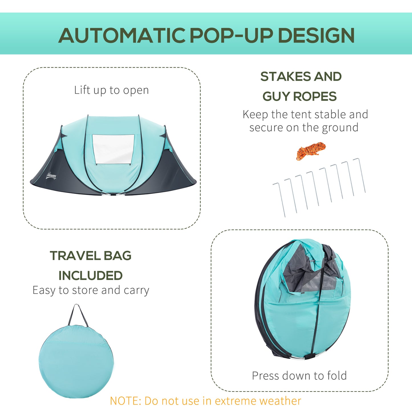 Outsunny 4 Person Pop Up Camping Tent with Vestibule Weatherproof Cover, Instant Backpacking Tent w/ Carry Bag for Fishing Hiking, Tiffany Blue