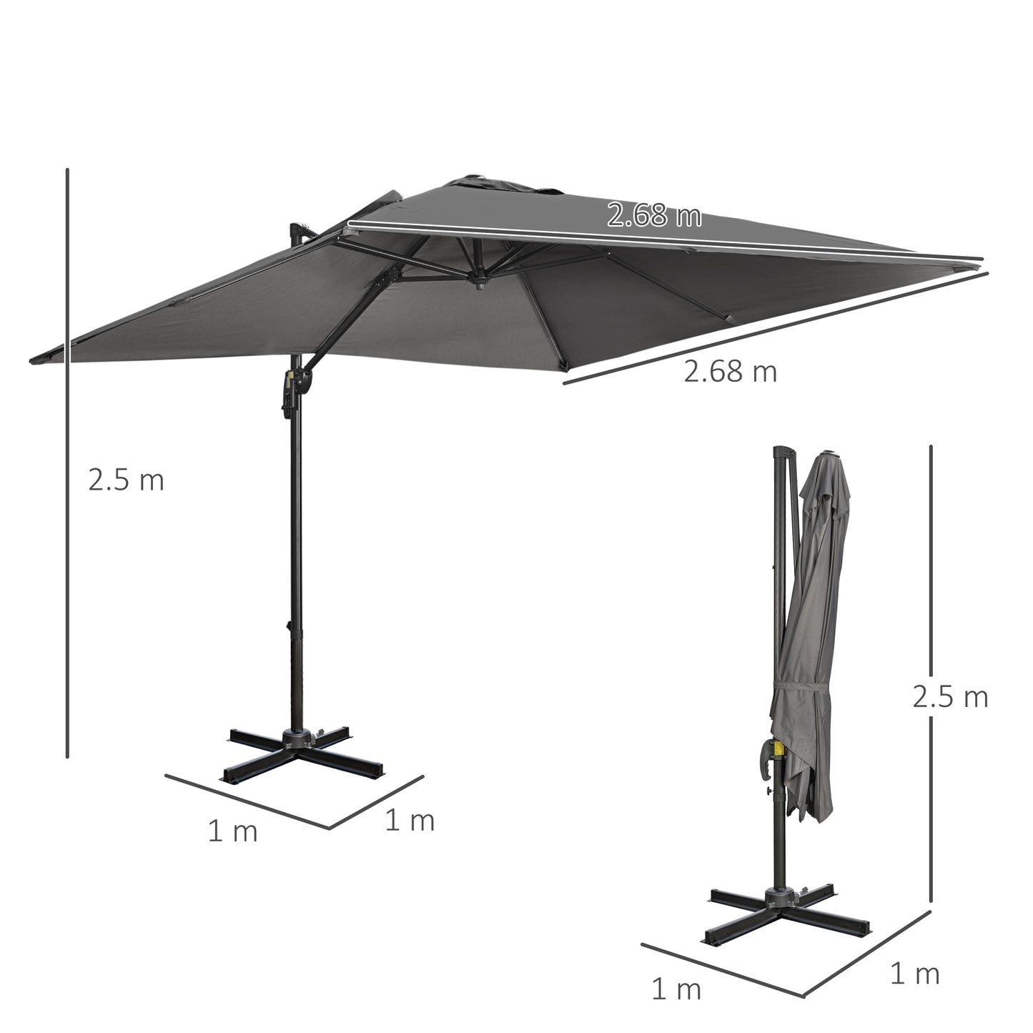 Outsunny 2.7m Square Overhanging Cantilever Umbrella, with Cross Base - Dark Grey