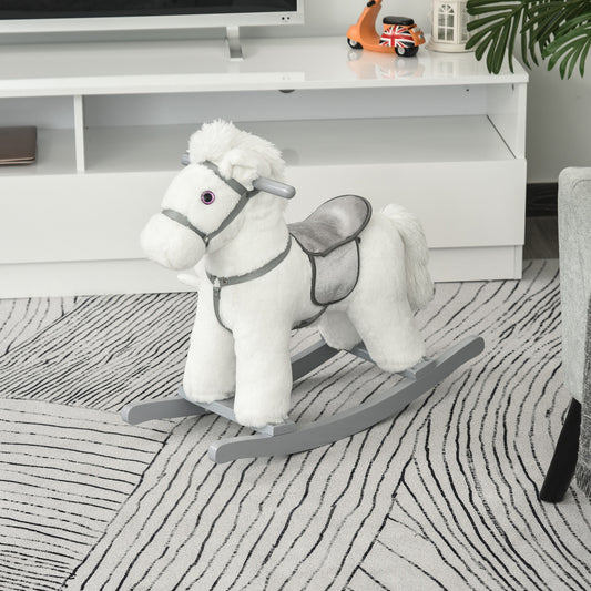 HOMCOM Kids Plush Ride-On Rocking Horse Toy Rocker with Plush Toy Realistic Sounds for Child 18-36 Months White Sound Handle Grip