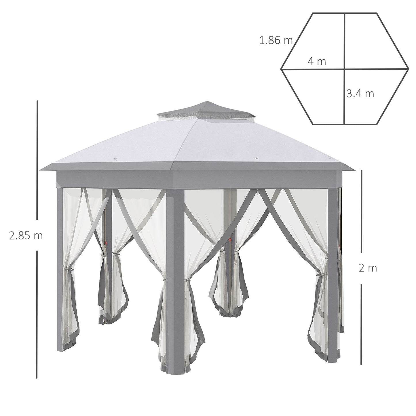 Outsunny Hexagon Patio Gazebo Pop Up Gazebo Outdoor Double Roof Instant Shelter with Netting, 4m x 4m, Grey