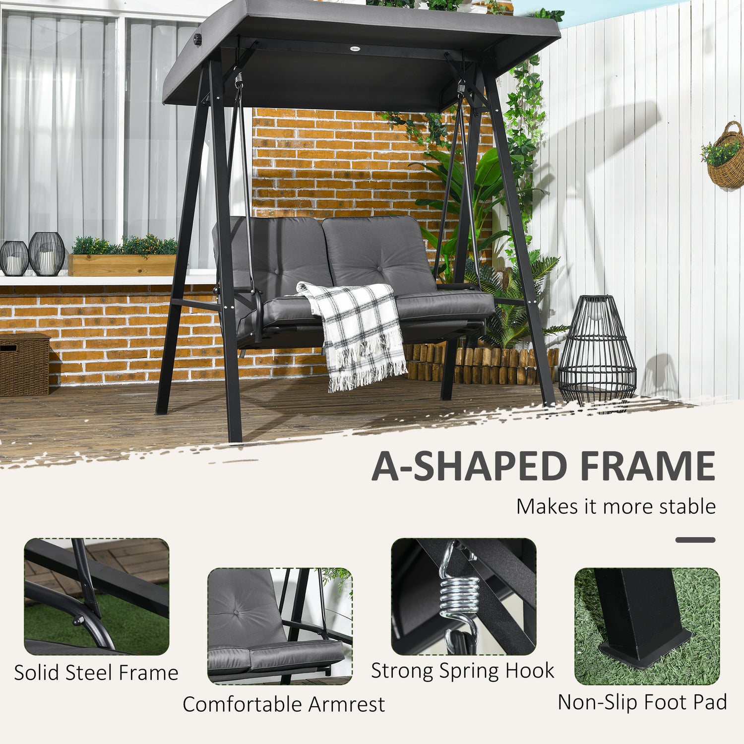 Outsunny Two-Seater Garden Swing Bench, with Adjustable Canopy - Dark ...