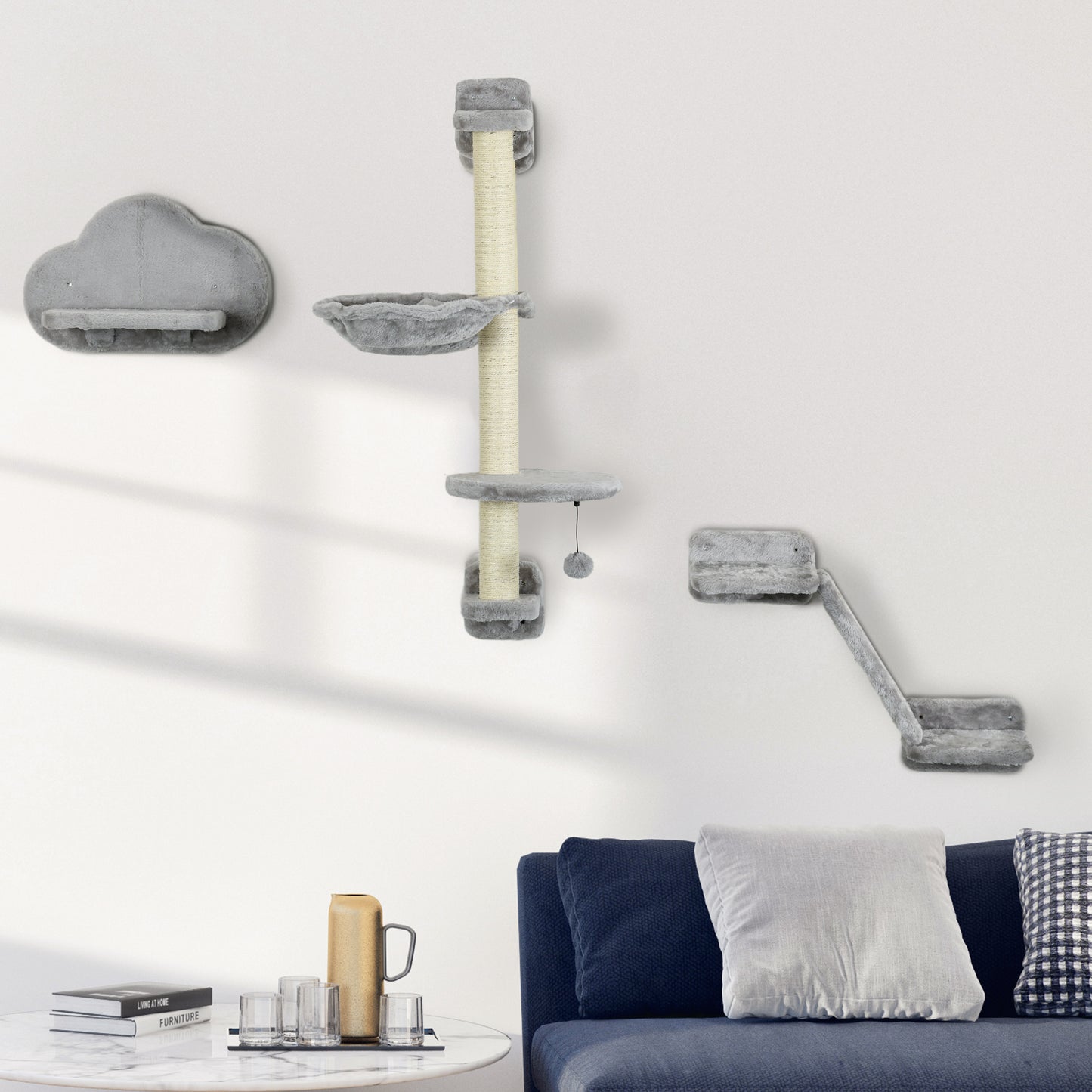 PawHut ThreePiece WallMounted Cat Shelves with Hammock Ladder Platforms Scratching Post Grey