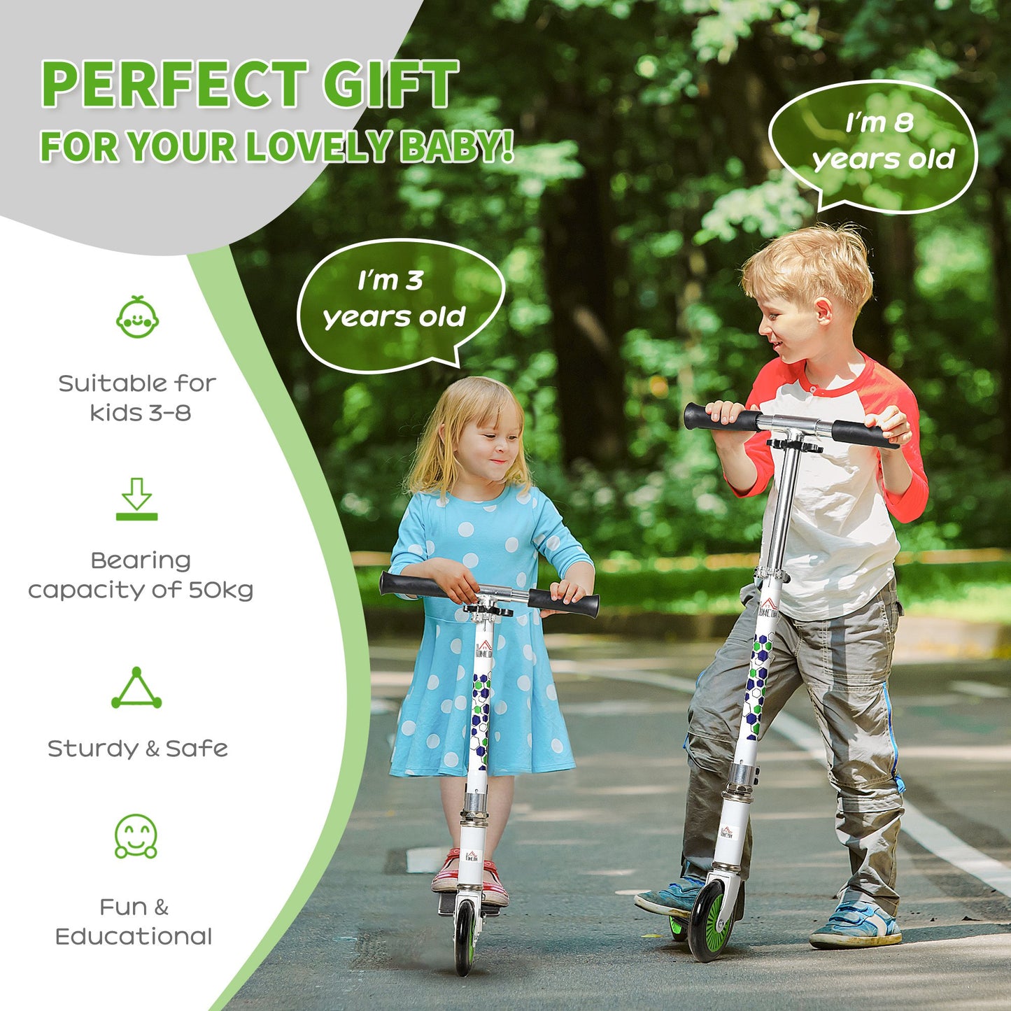 HOMCOM Scooter for Kids Toddler One-Click Foldable Kick Scooter with Adjustable Height Brake for Boys and Girls 3-8 Years Aluminium White