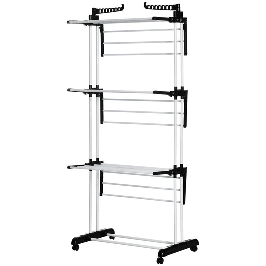 HOMCOM Foldable Clothes Drying Rack 4Tier Steel Garment Laundry Rack with Castors for Indoor and Outdoor Use Black