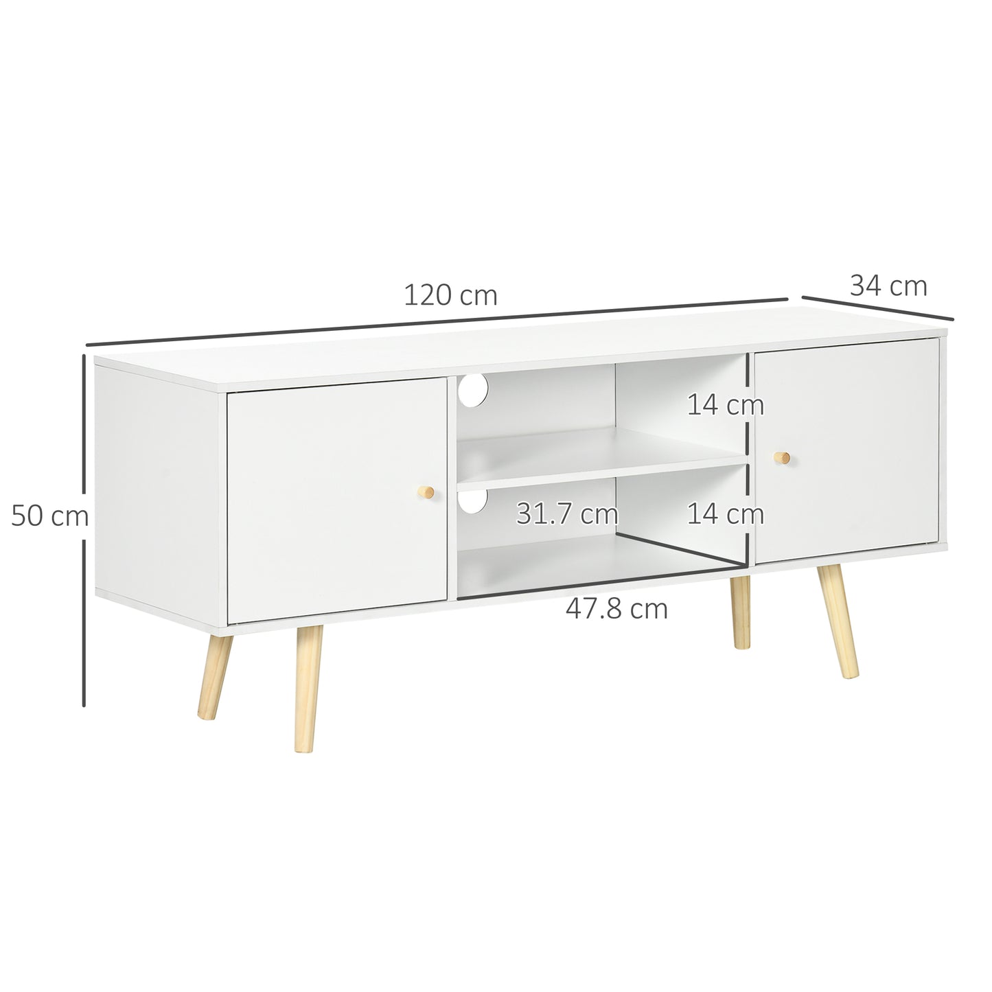 HOMCOM TV Unit Cabinet for TVs up to 55 Inches, TV Stand with Storage Shelves and Wood Legs for Living Room, White