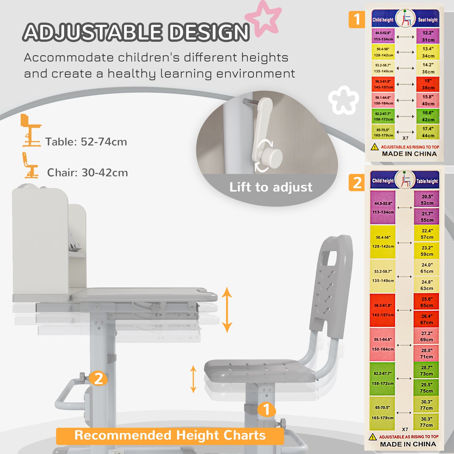 ZONEKIZ Height Adjustable Kids Study Table and Chair Set with Drawer Storage Shelf 80 x 54.5 x 104 cm Grey