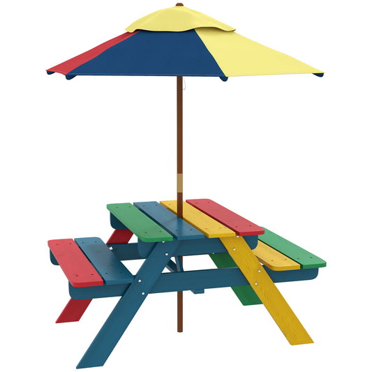 Outsunny Wooden Kids Table and Chair Set with Removable Parasol, for Ages 3-6 Years - Multicoloured