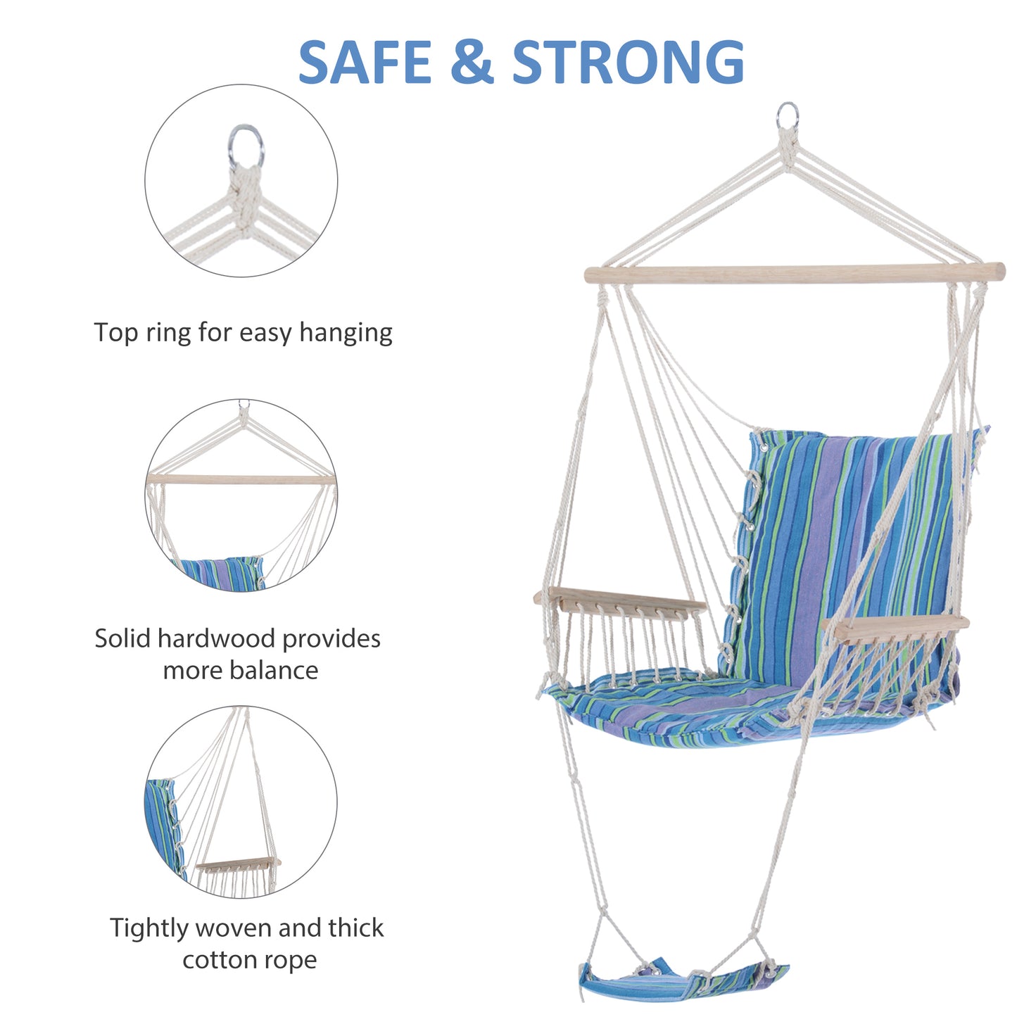 Outsunny Hanging Swing Chair, Seat Size:57W x 47.5D cm-Multi-Color/White Rope