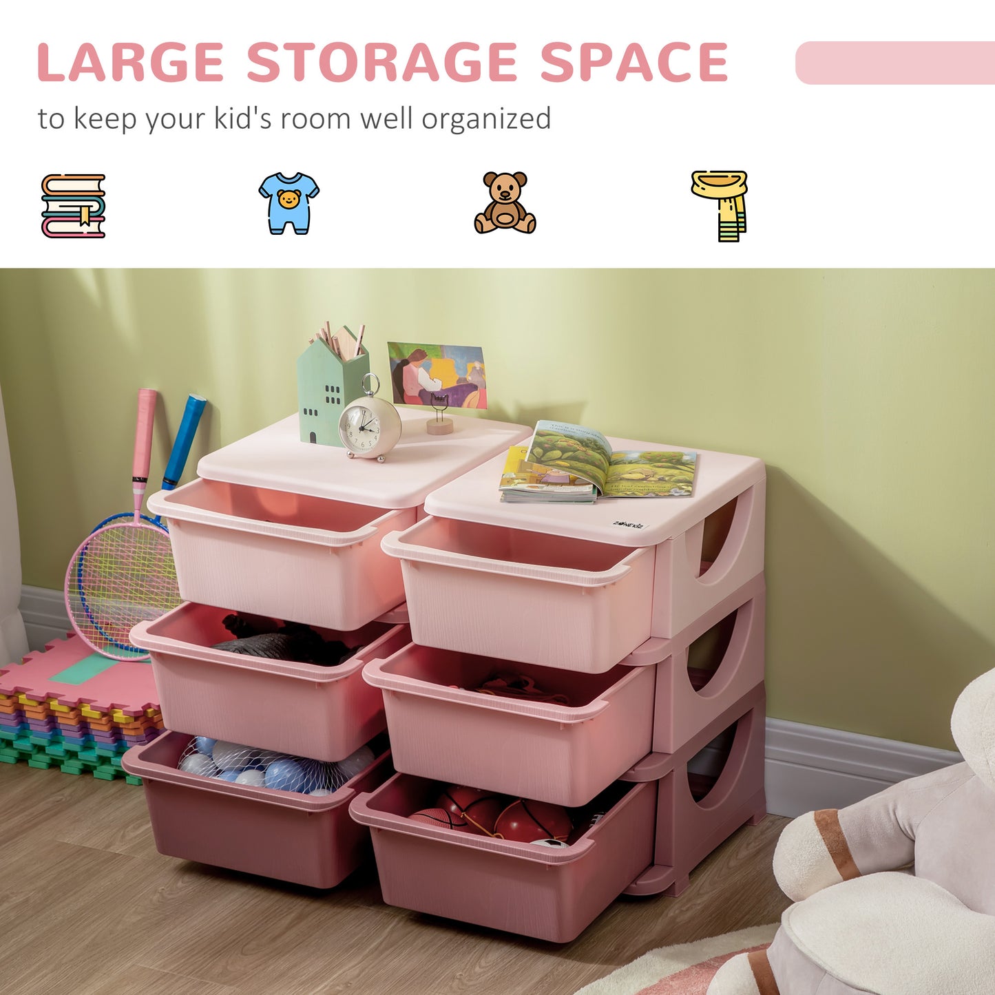 ZONEKIZ Kids Storage Units with 6 Drawers, 3 Tier Kids Toy Storage Organizer, Vertical Dresser Tower for Nursery Playroom Kindergarten, Pink