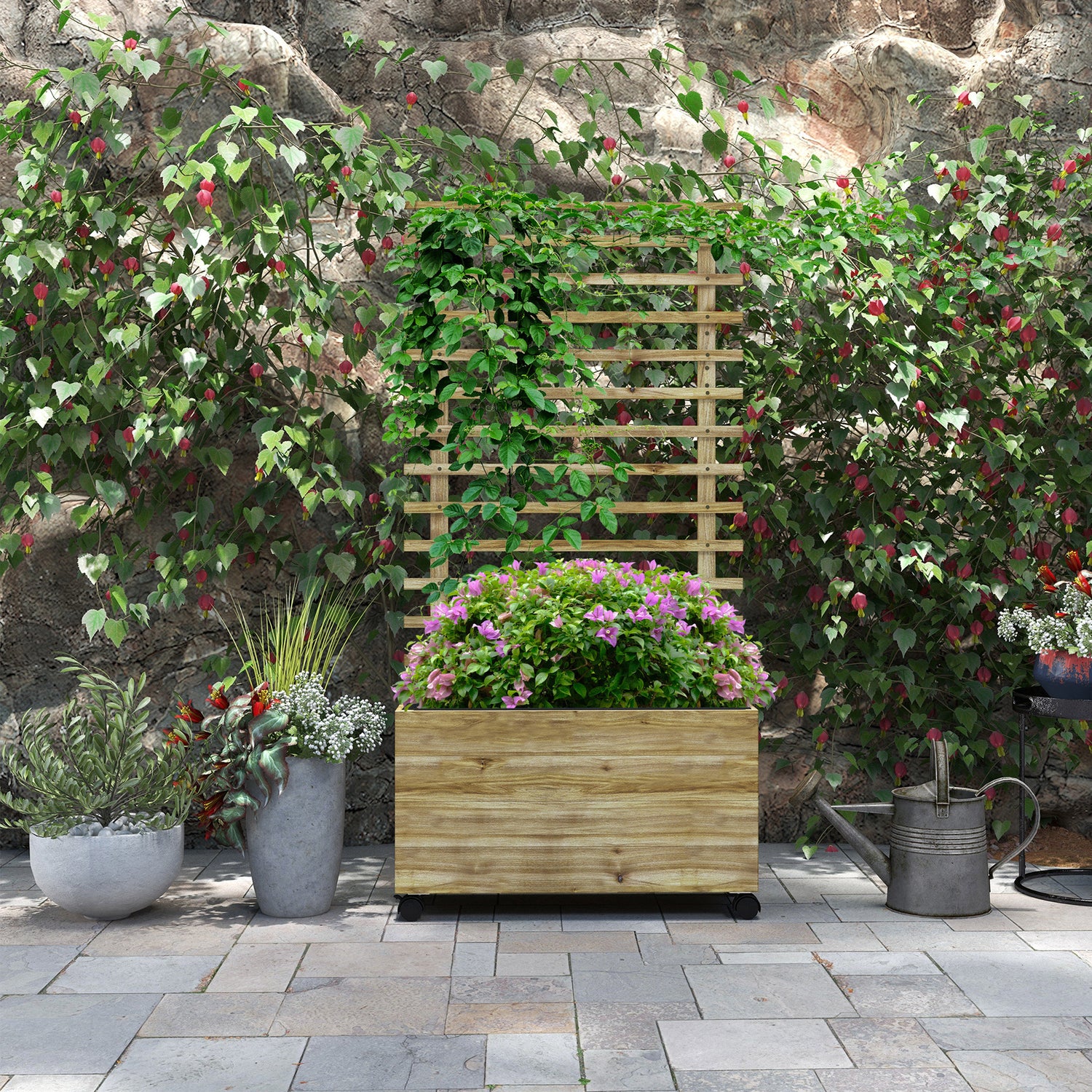 garden planter with trellis uk Outsunny Wooden Garden Raised Bed with Trellis Planter Box with 4 Whee – mhstar.co.uk