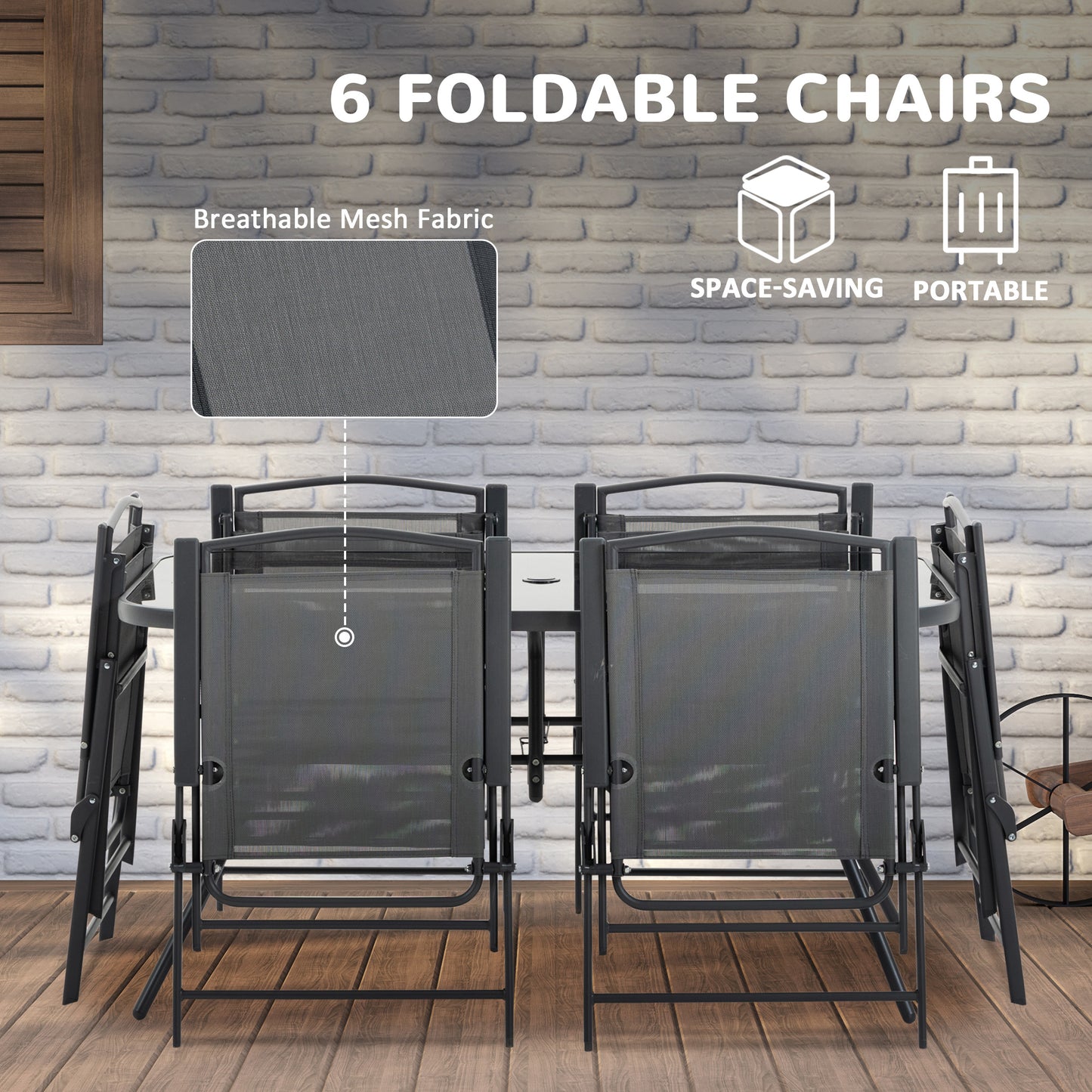 Outsunny 8 Pieces Metal Garden Furniture Set with Parasol and Folding Chairs, Patio Dining Set, 6 Seater Outdoor Table and Chairs with Tempered Glass Top, Black