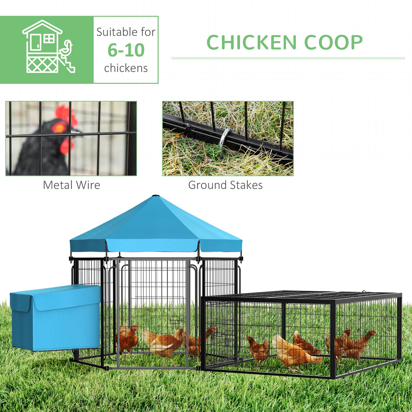 PawHut Steel Chicken Coop, Outdoor Hexagonal Hen House, Heavy-Duty Detachable Poultry Cage w/ Water-Resistant Canopy, Run, Nesting Box - Blue