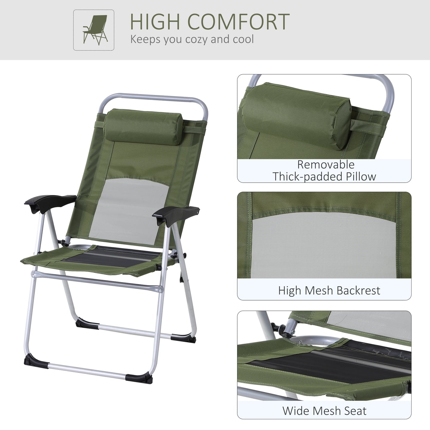 Outsunny Metal Frame 3-Position Adjustable Outdoor Garden Chair w/ Headrest Green