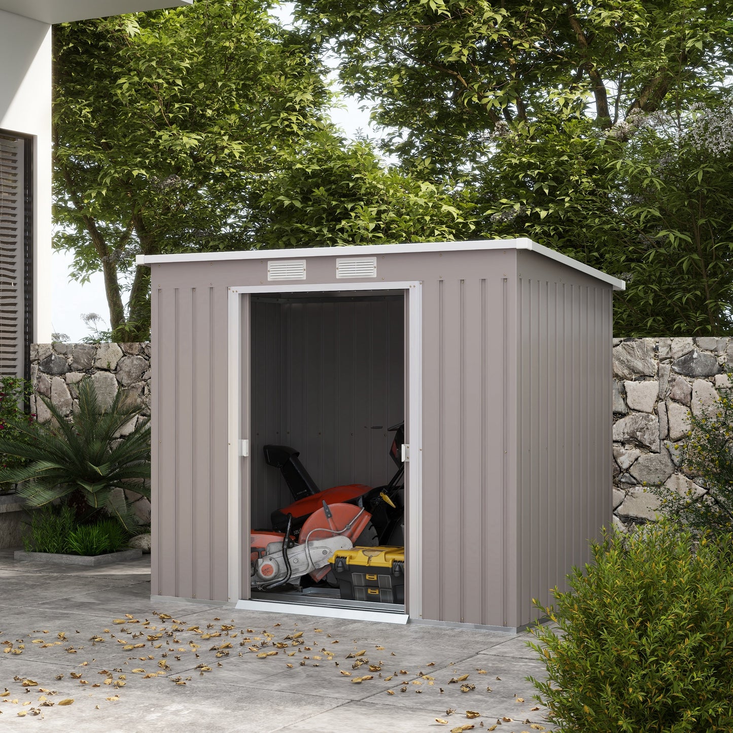 Outsunny Outdoor Lean to Garden Metal Equipment Tool Storage Shed w/ Foundation Double Door Vents and Sloped Roof Grey