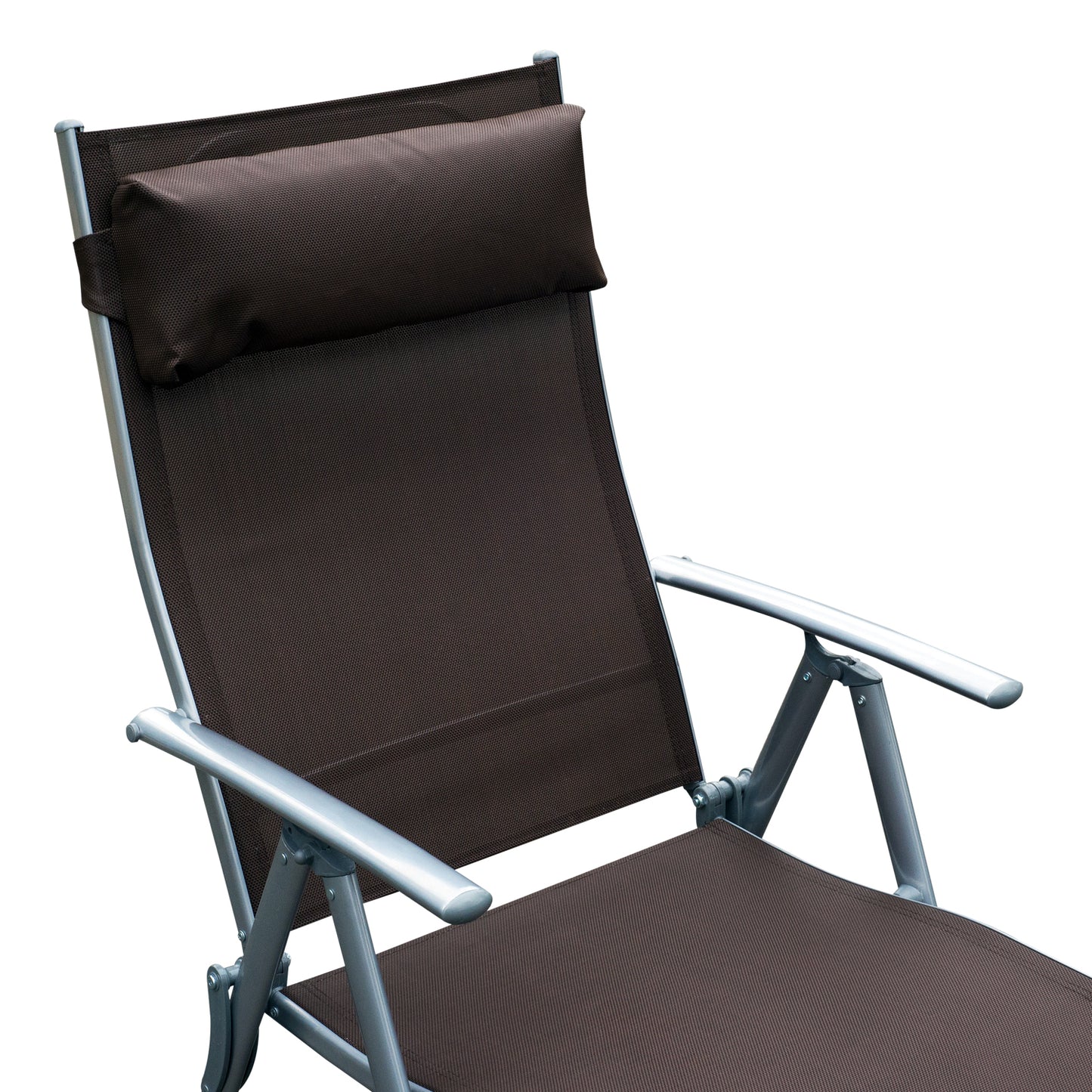 Outsunny Sun Lounger Steel Frame Outdoor Folding Chaise Texteline Lounge Chair Recliner with Headrest & 7 Levels Adjustable Backrest, Brown