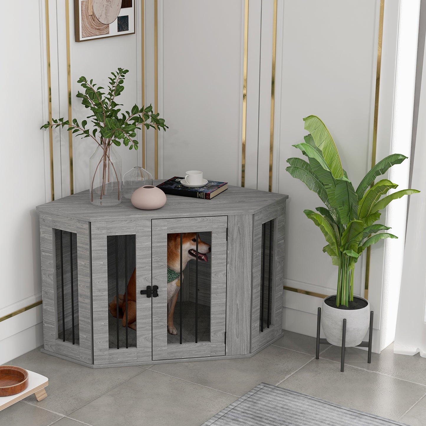 PawHut 2 in 1 Dog Crate Furniture Side Table with Cushion 104 x 55 x 63cm Grey