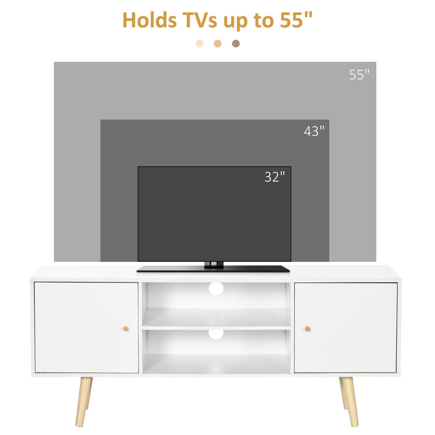 HOMCOM TV Unit Cabinet for TVs up to 55 Inches, TV Stand with Storage Shelves and Wood Legs for Living Room, White