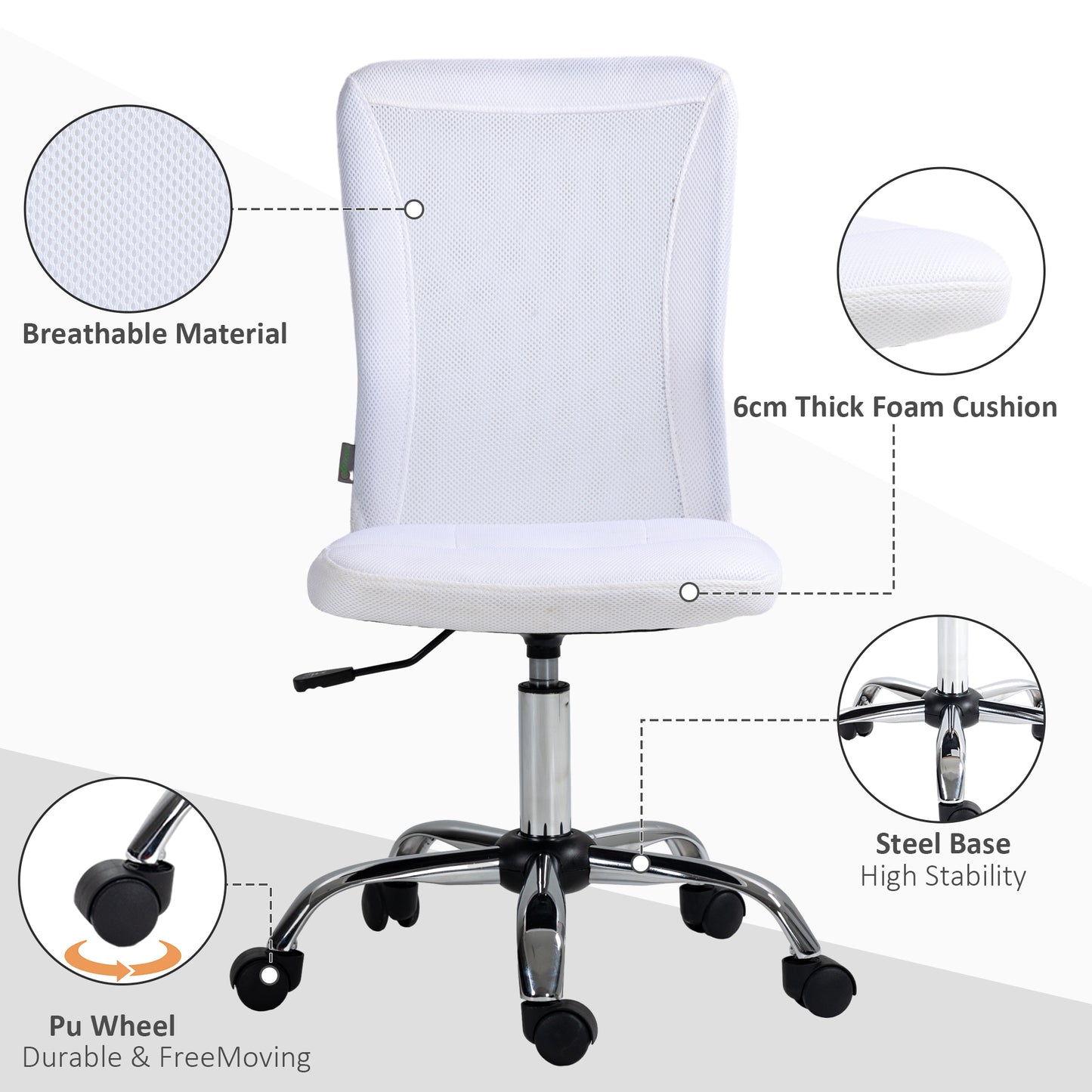 Vinsetto Computer Desk Chair Mesh Office Chair with Adjustable Height and Swivel Wheels Armless Study Chair White