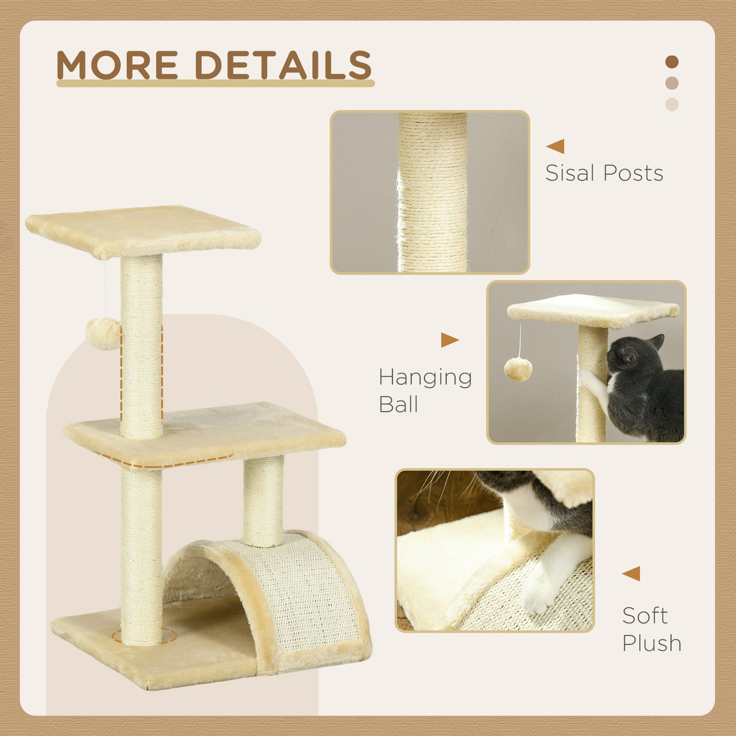 PawHut 72cm Cat Tree with Scratching Post Pad for Indoor Cats Cream White