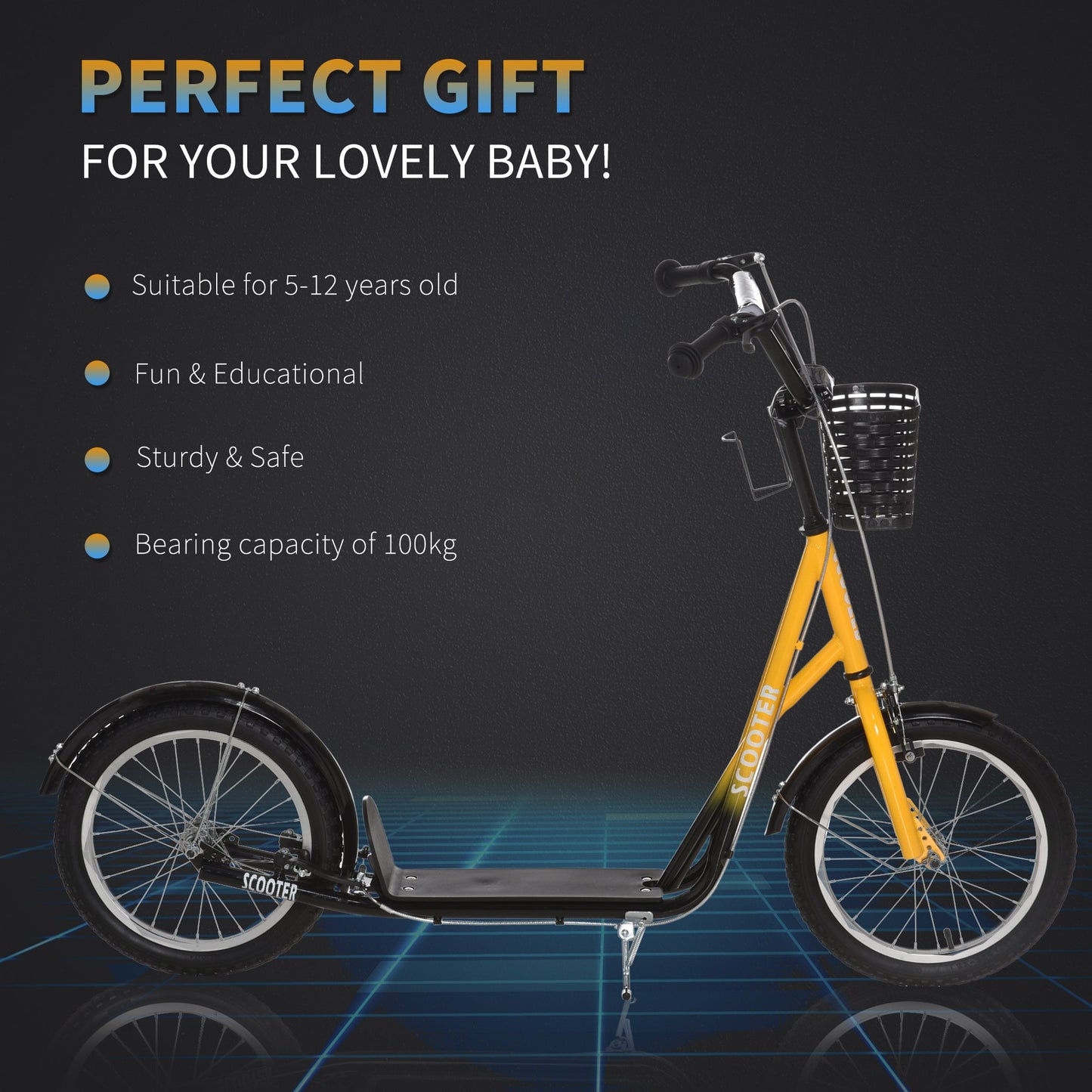 HOMCOM Kids Kick Scooter Teen Ride On Children Scooter with Adjustable Handlebar 2 Brakes Basket Cupholder Mudguard 16" Inflatable Rubber Tyres for 5-12 years old Orange w/ Wheel Brake